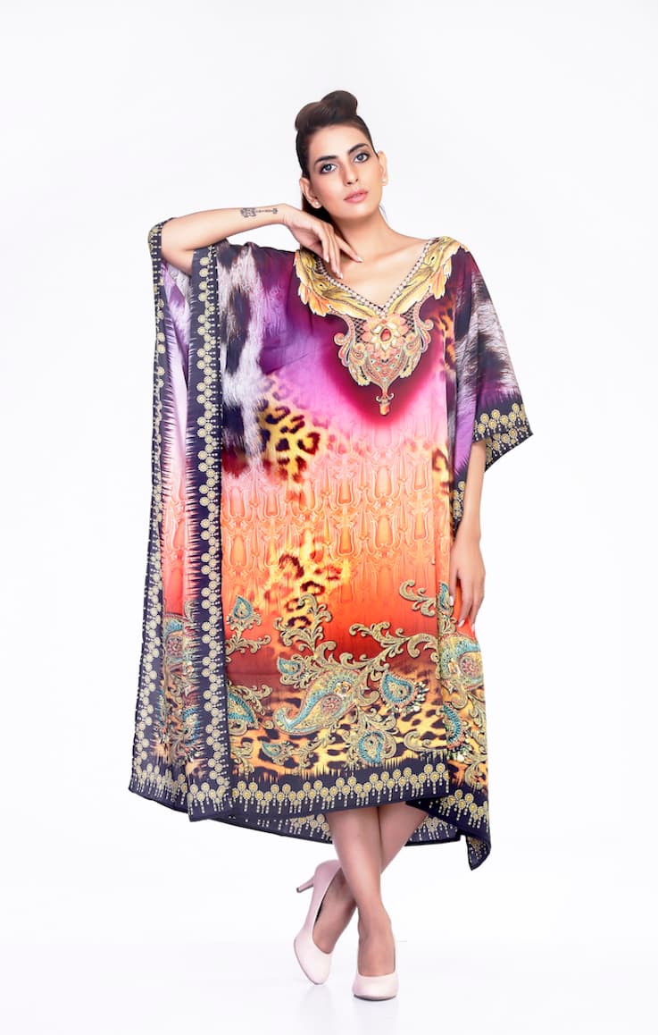 V NECK MULTI COLOR PRINTED CAFTAN