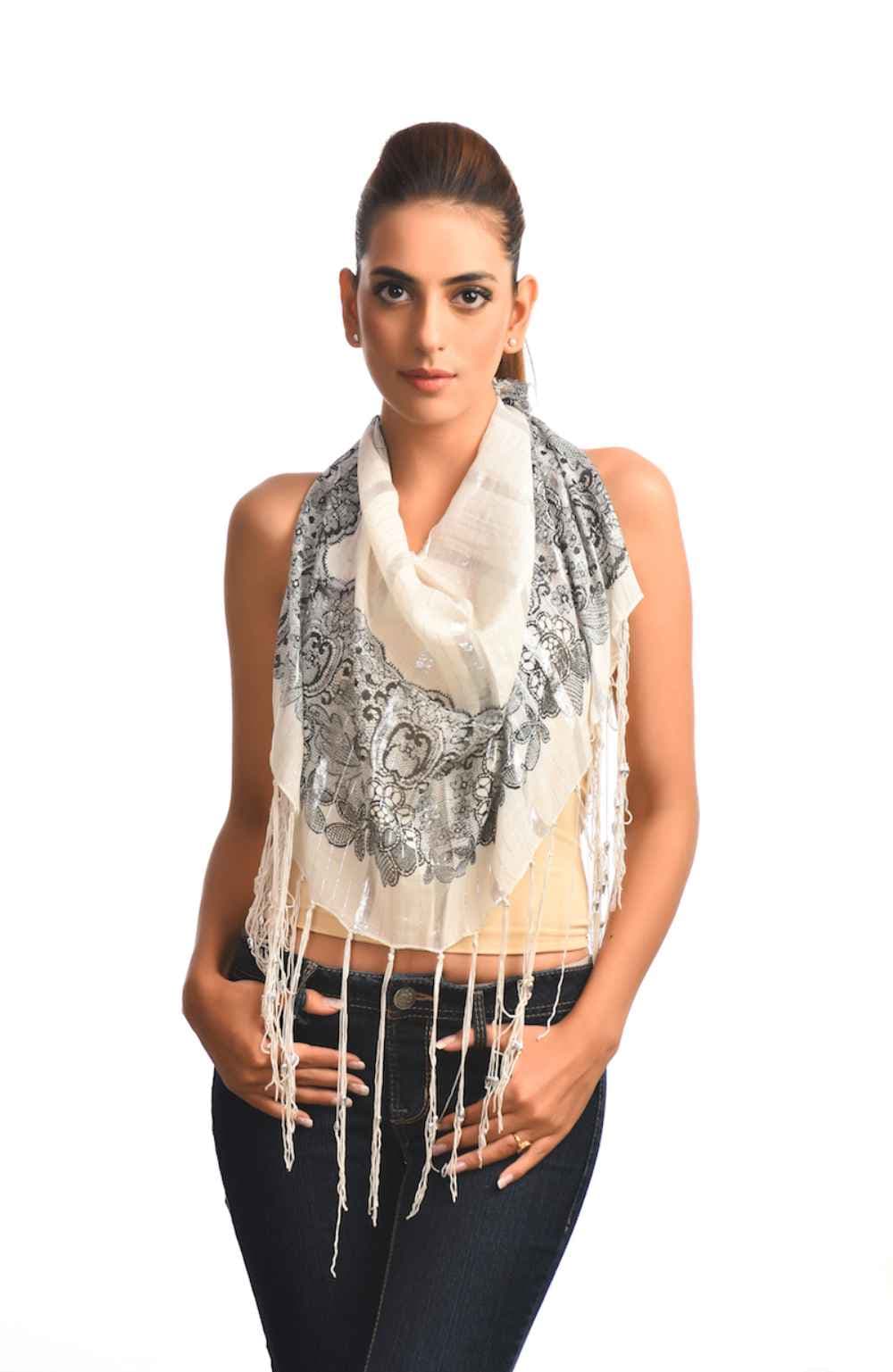 FLORAL PRINT LONG LACE SILK SQUARE SCARF