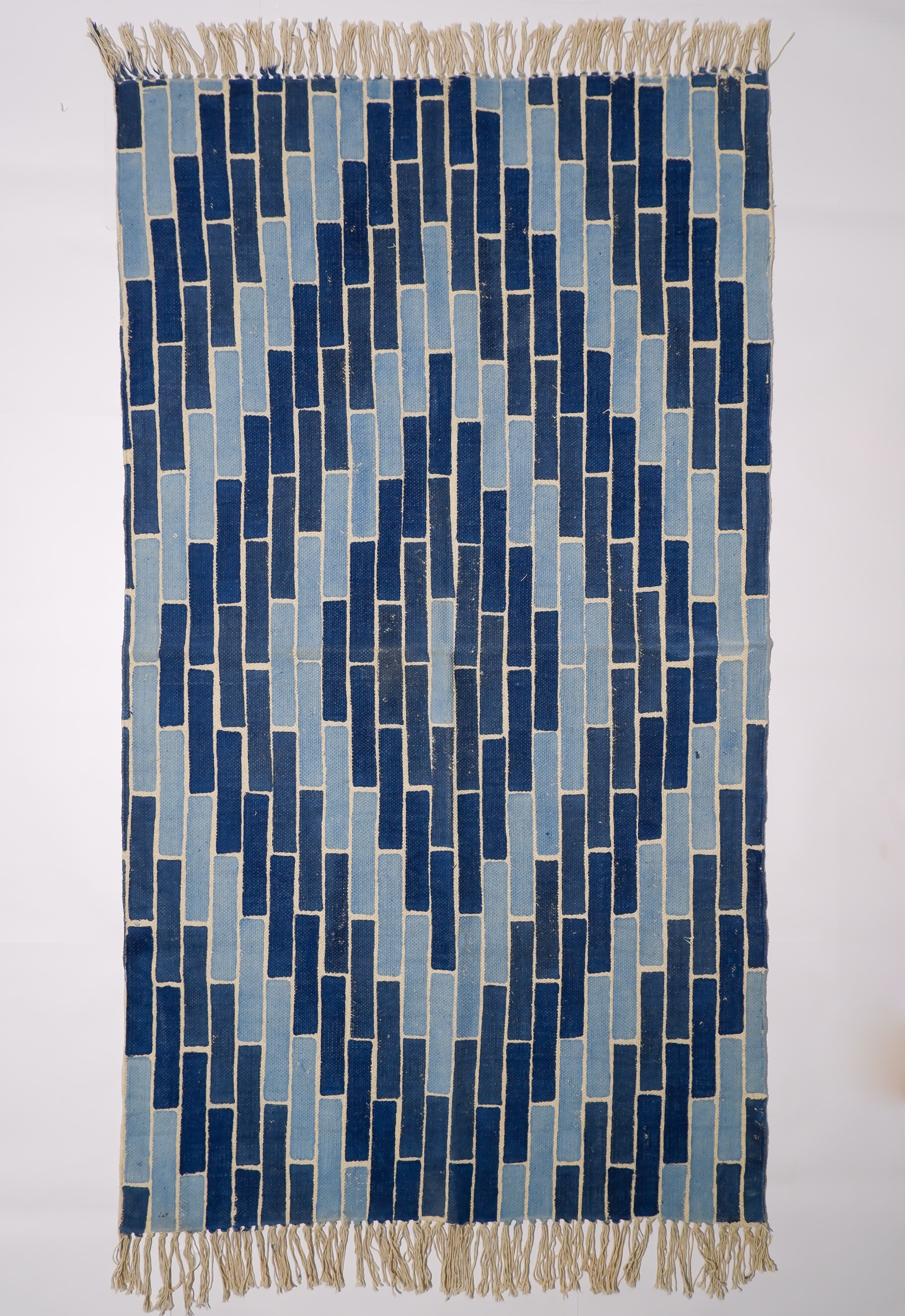 INDIAN DHURRIE BLUE DIAMOND BLOCK PRINTED COTTON RUG