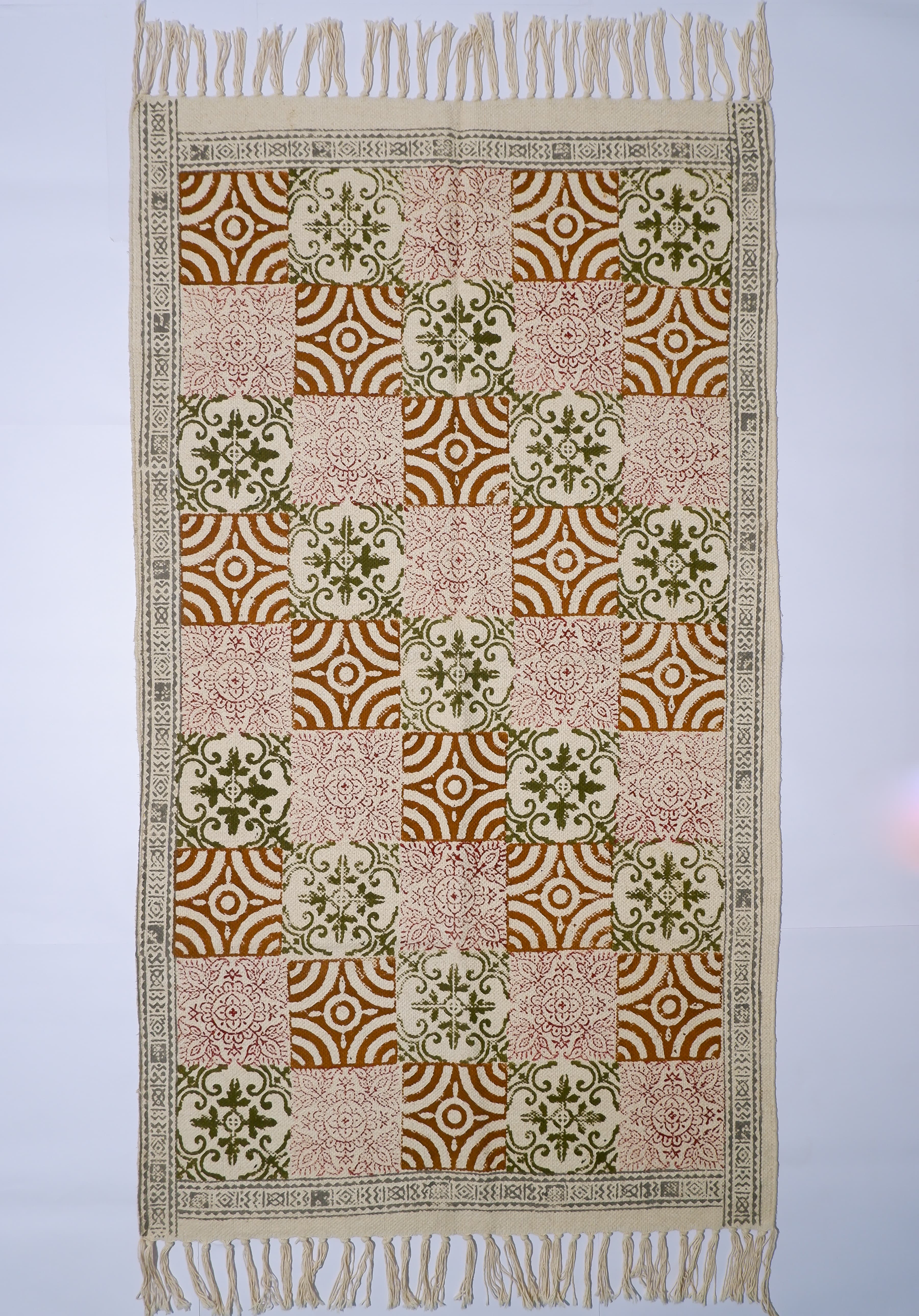 INDIAN DHURRIE MULTI TILE  BLOCK PRINTED COTTON RUG