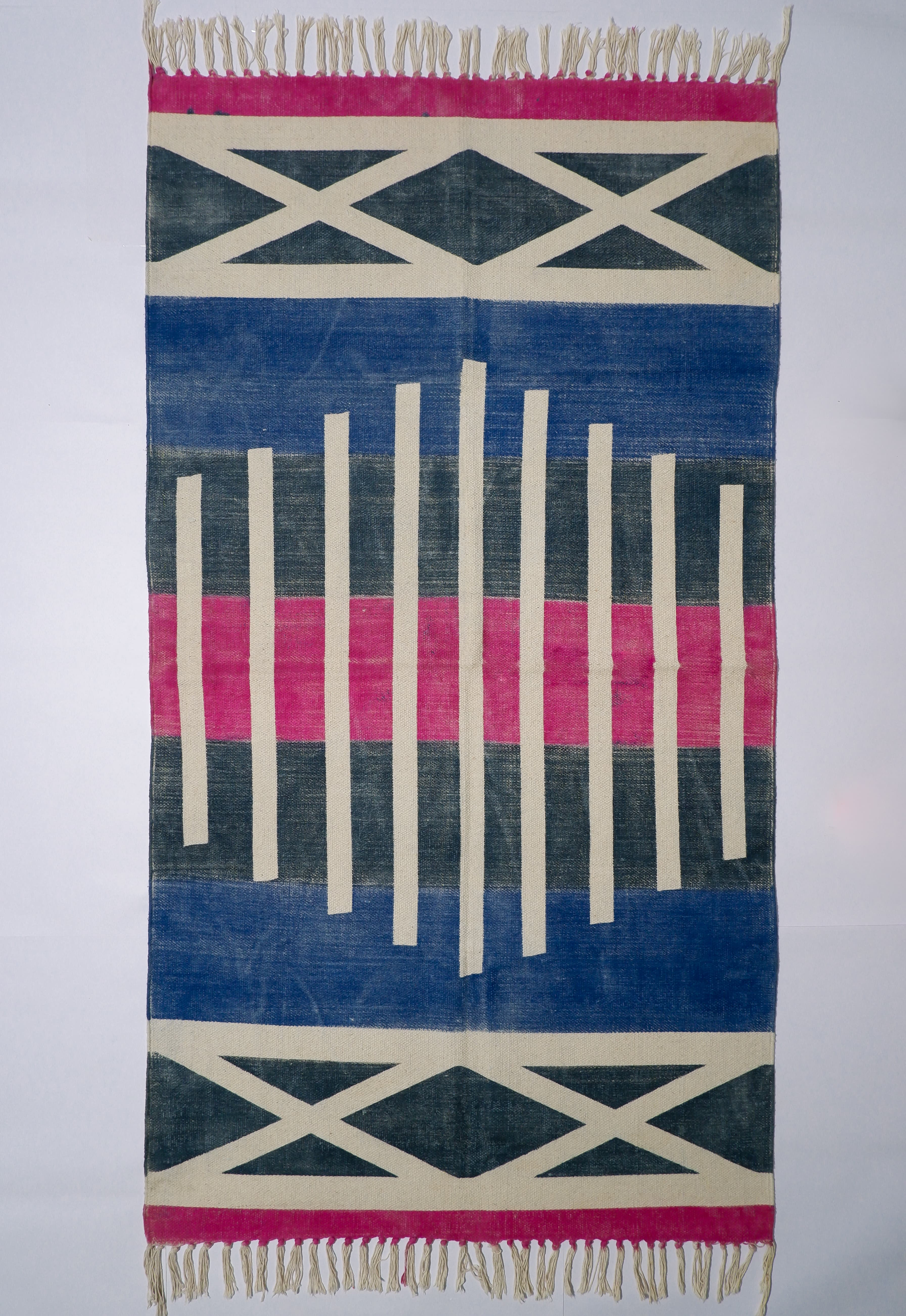 INDIAN DHURRIE GEOMETRIC DESIGN BLOCK PRINTED COTTON RUG