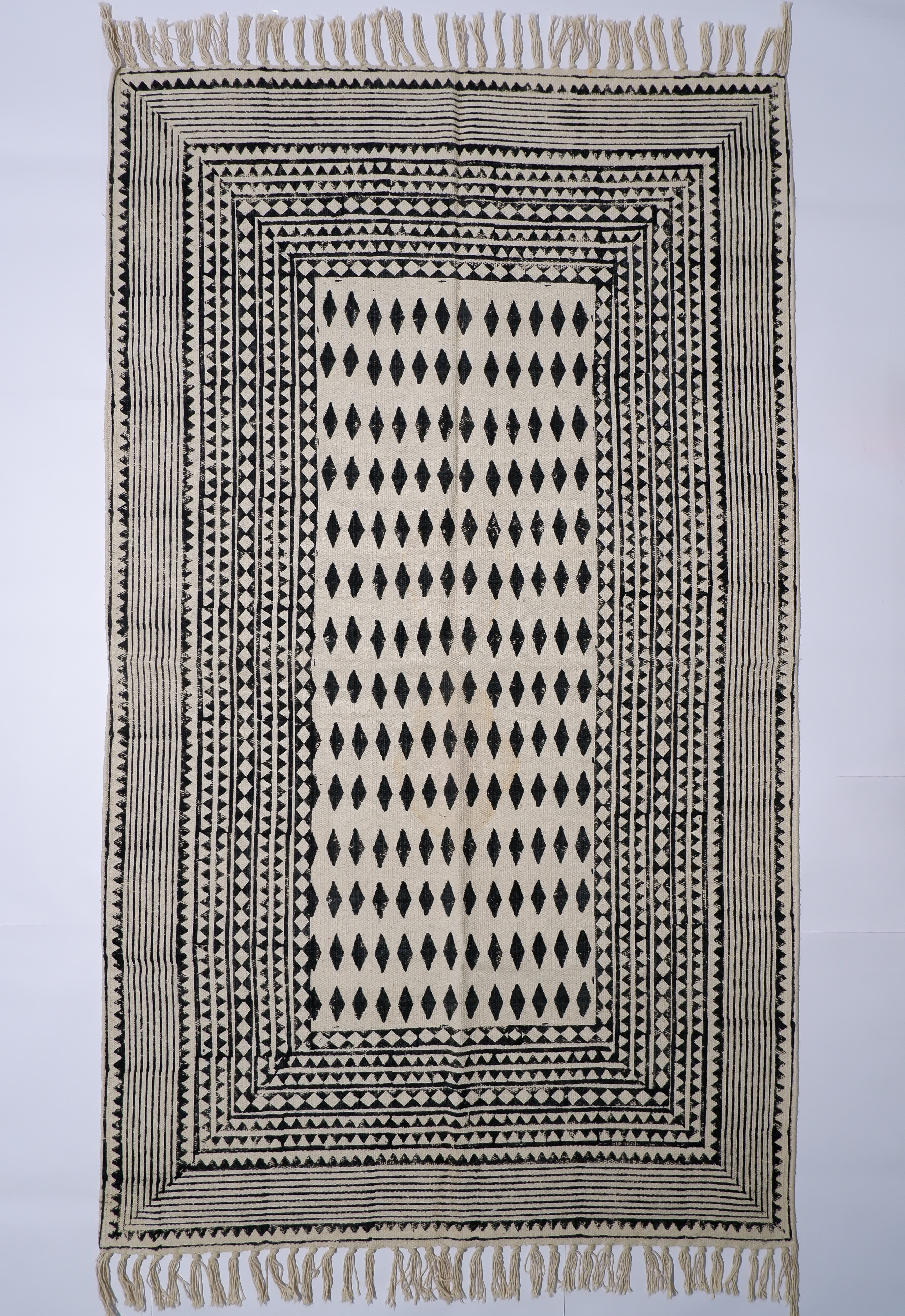 INDIAN DHURRIE BLACK GEOMETRIC BLOCK PRINTED COTTON RUG
