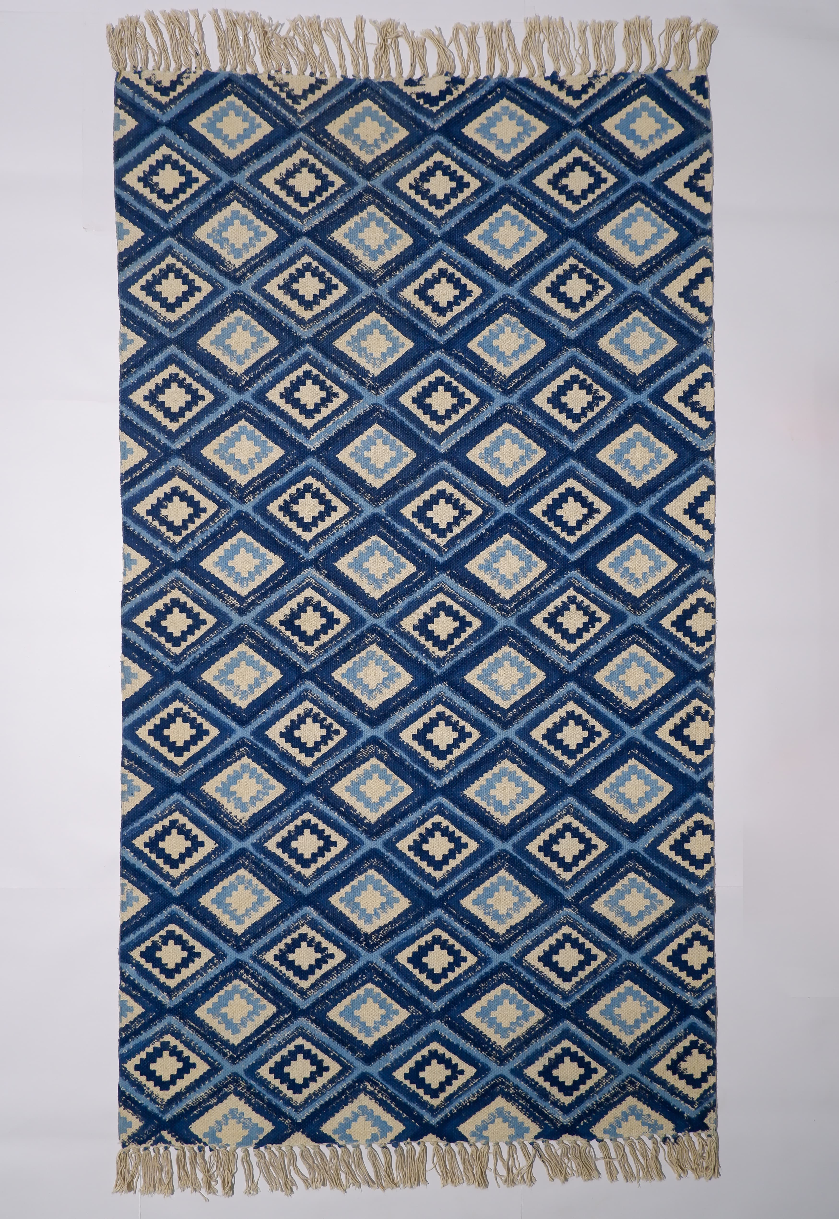 INDIAN DHURRIE BLUE SMALL DIAMONDS BLOCK PRINTED COTTON RUG