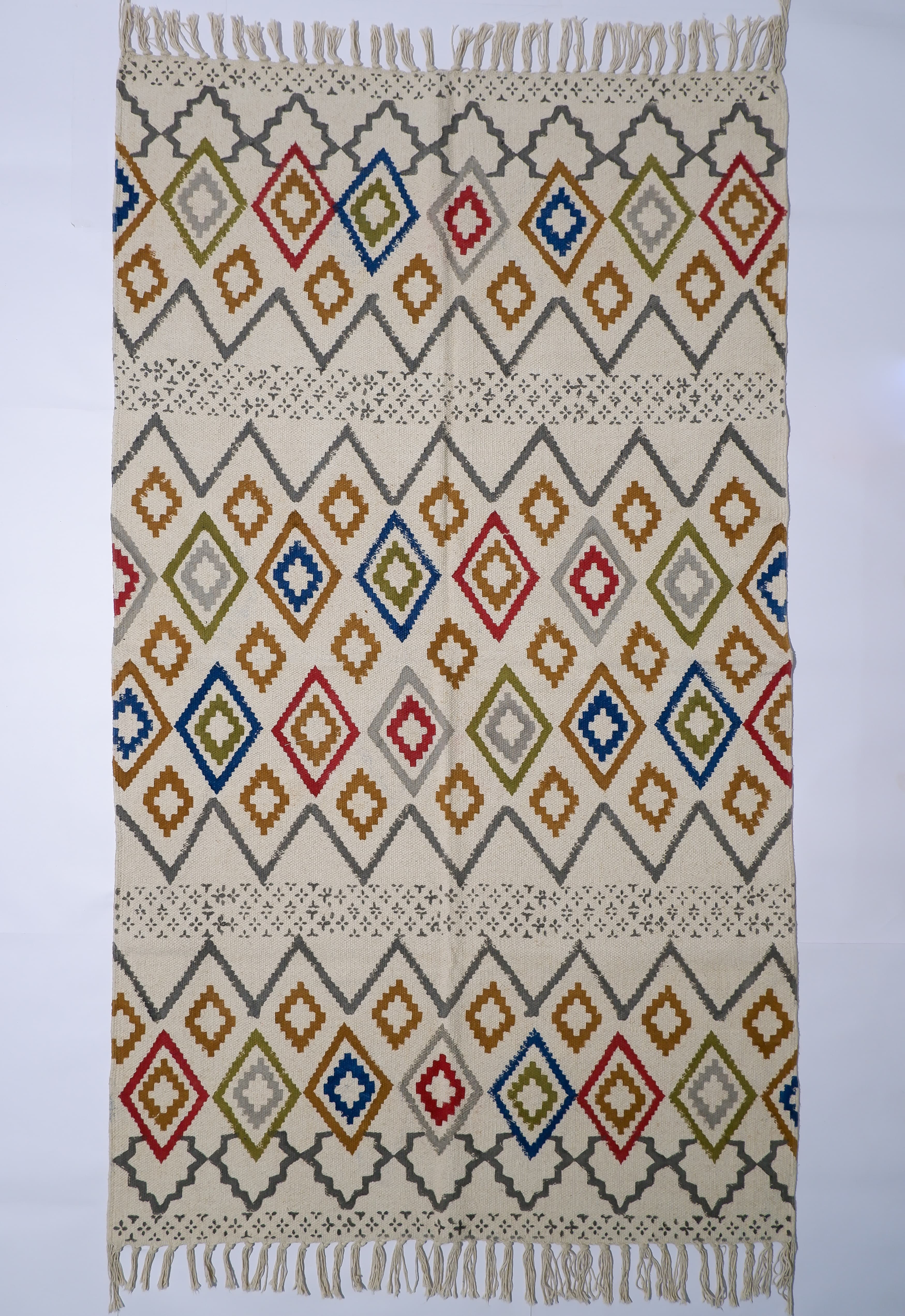 INDIAN DHURRIE  MULTI DIAMOND AND ZIG ZAG STRIPES BLOCK PRINTED COTTON RUG
