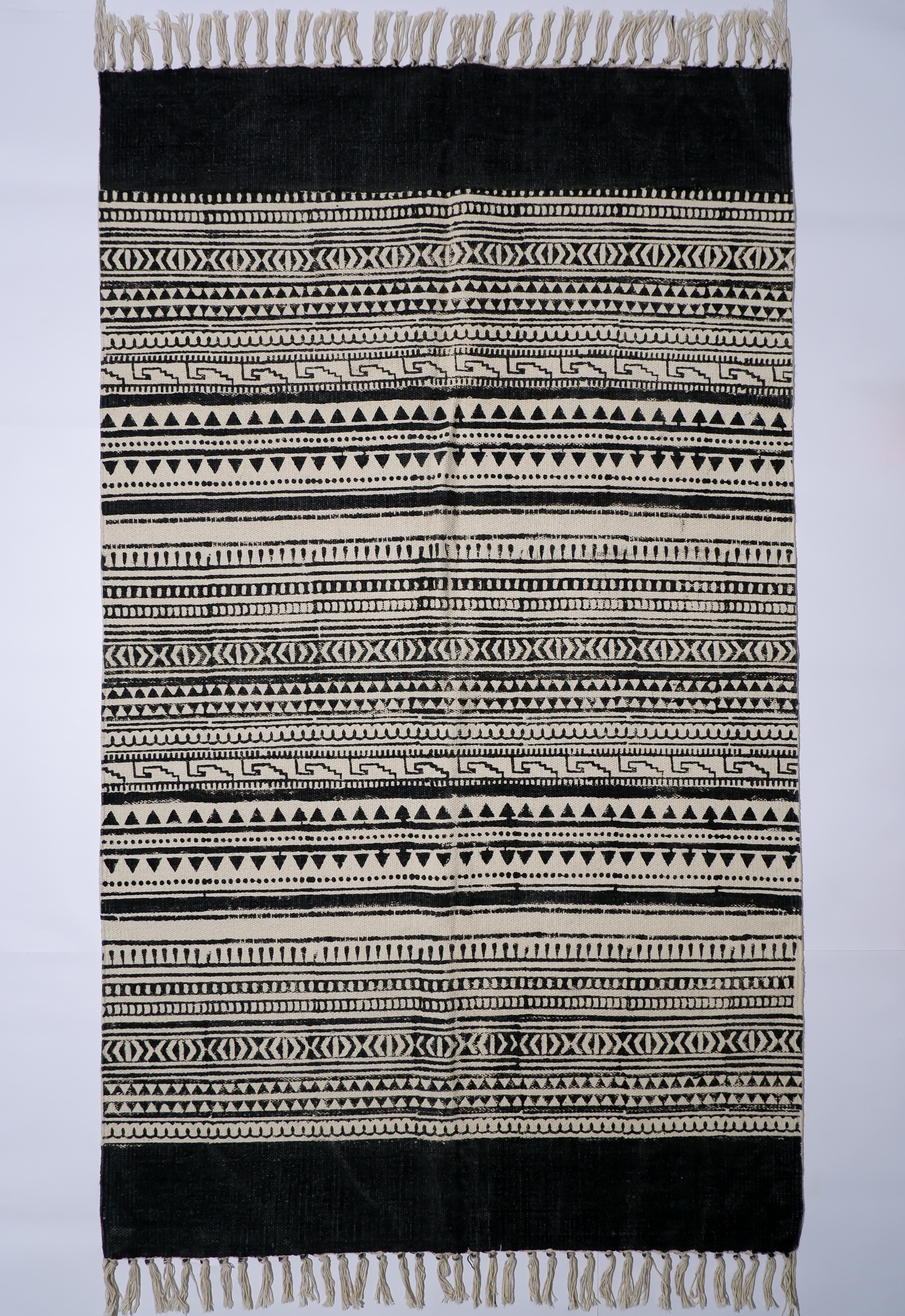 INDIAN DHURRIE TRIBAL DESIGN BLOCK PRINTED COTTON RUG