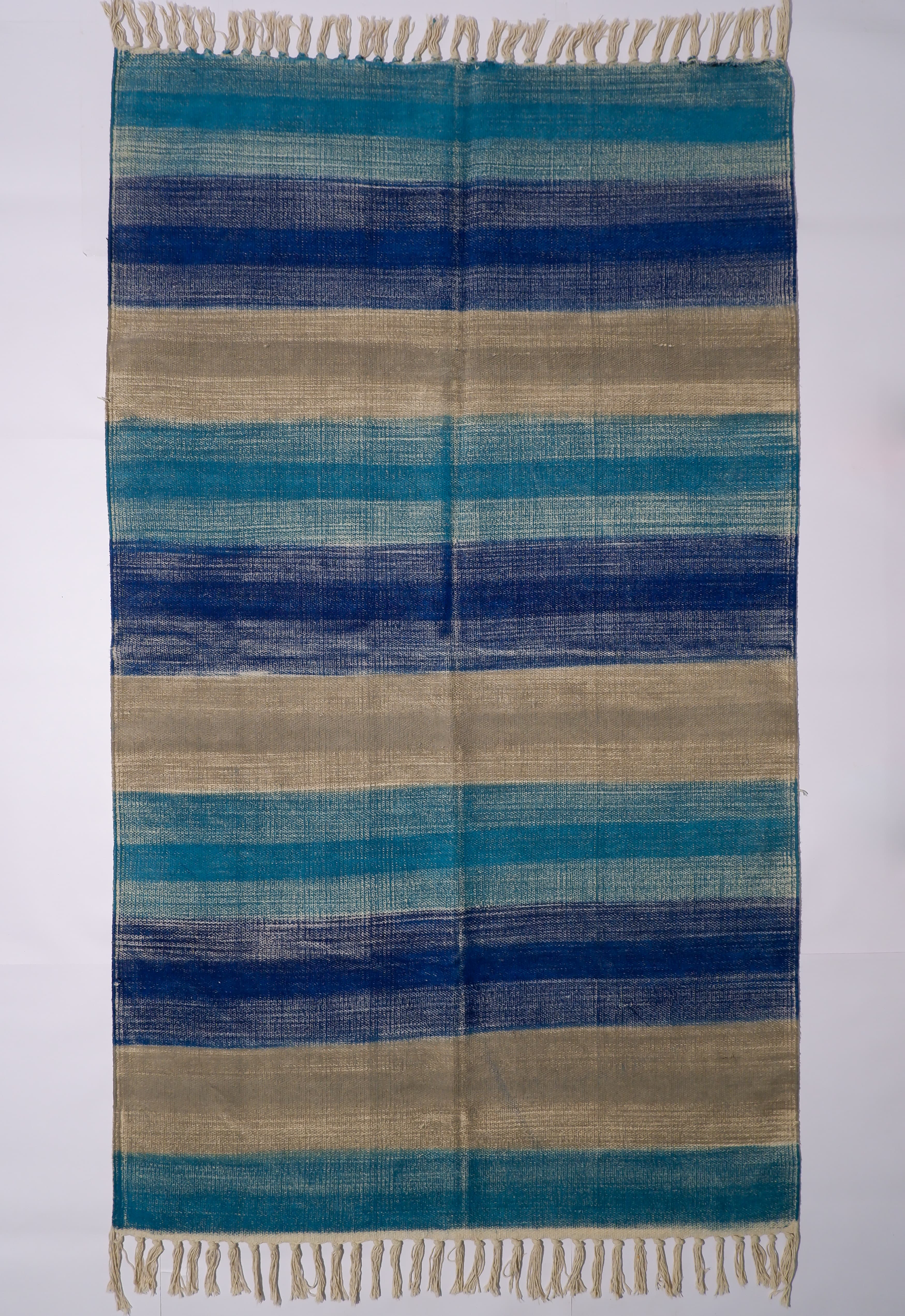 INDIAN DHURRIE BLUE STRIPES BLOCK PRINTED COTTON RUG