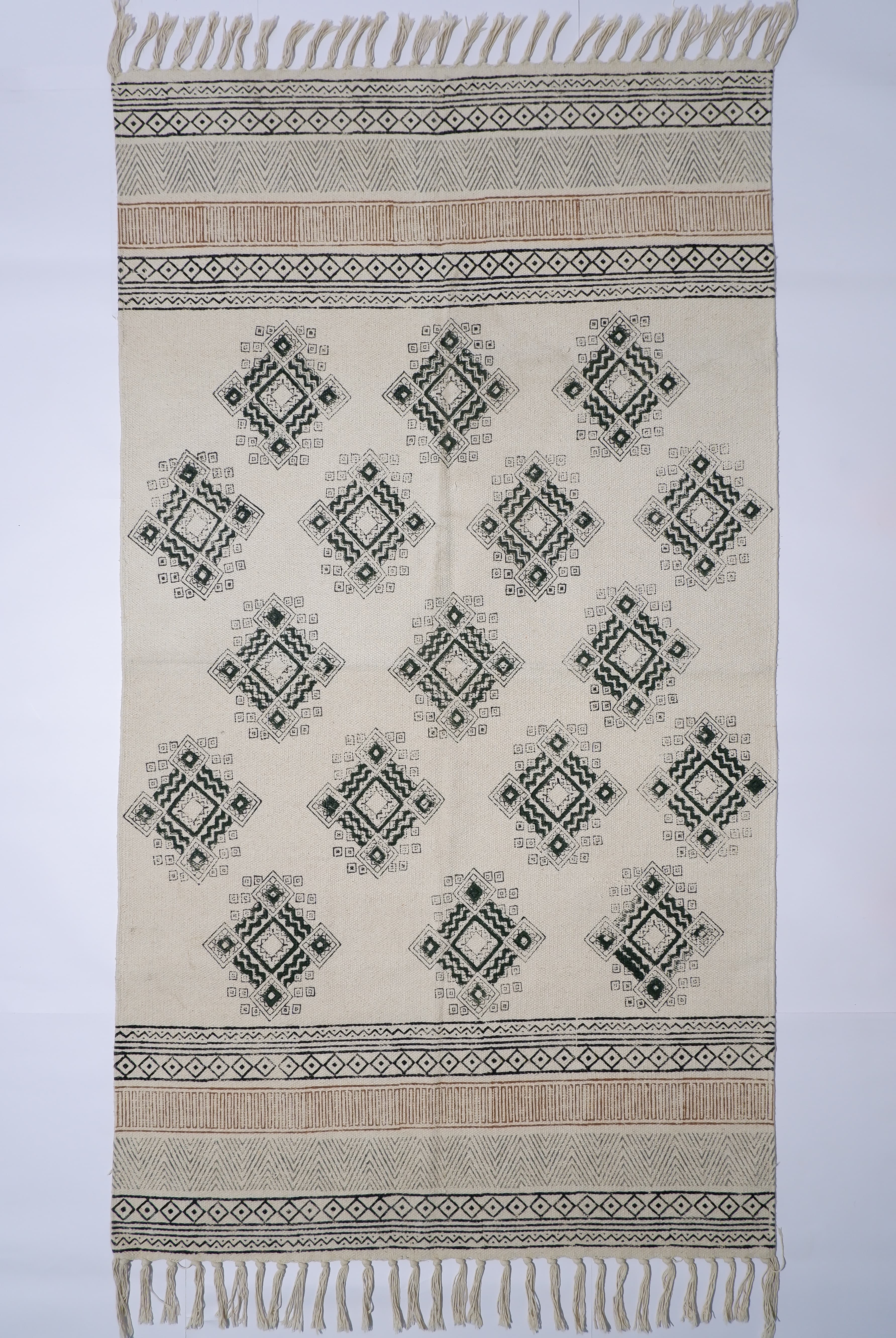 INDIAN DHURRIE BLACK  BLOCK PRINTED COTTON RUG