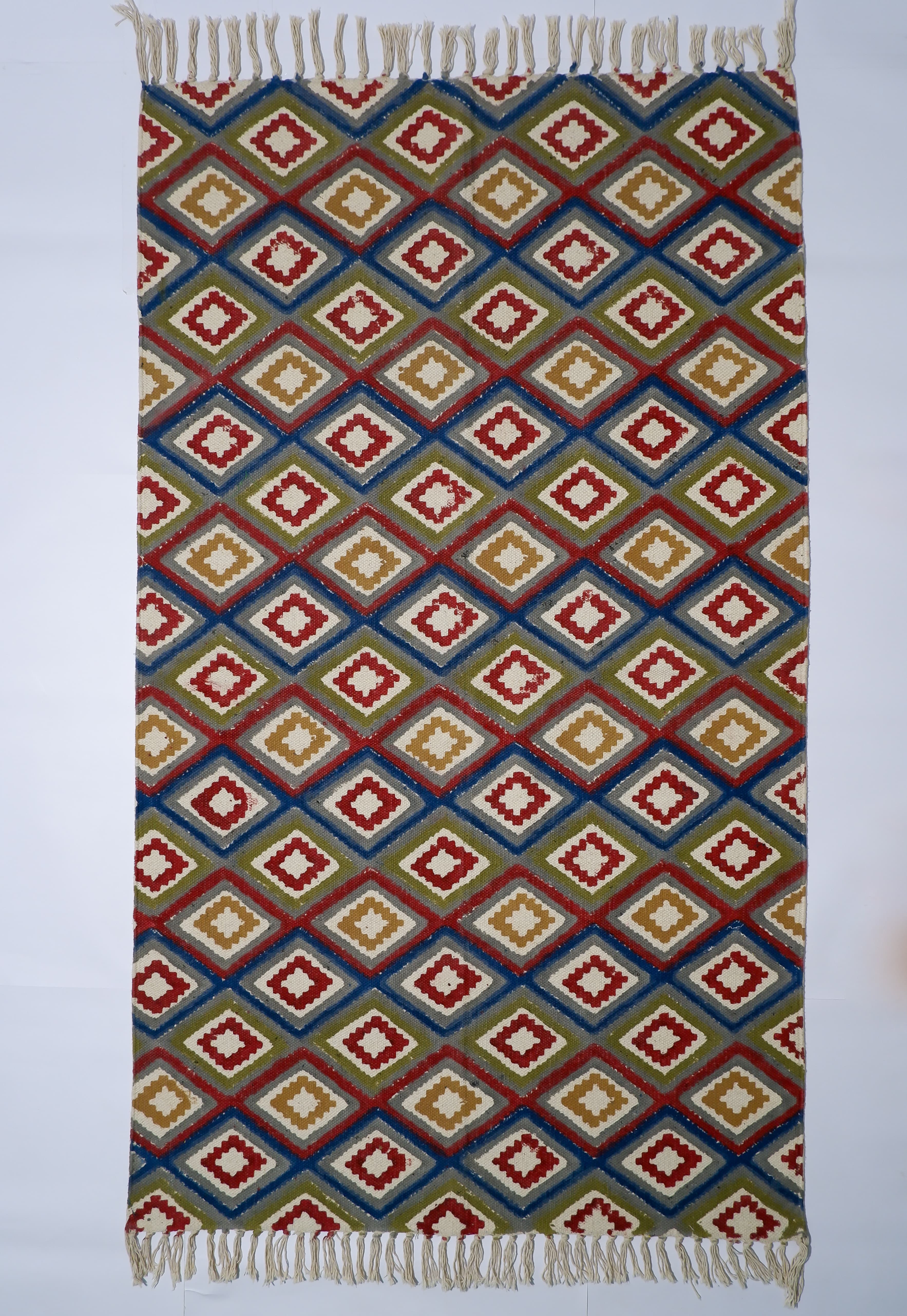 INDIAN DHURRIE MULTI SMALL DIAMONDS BLOCK PRINTED COTTON RUG