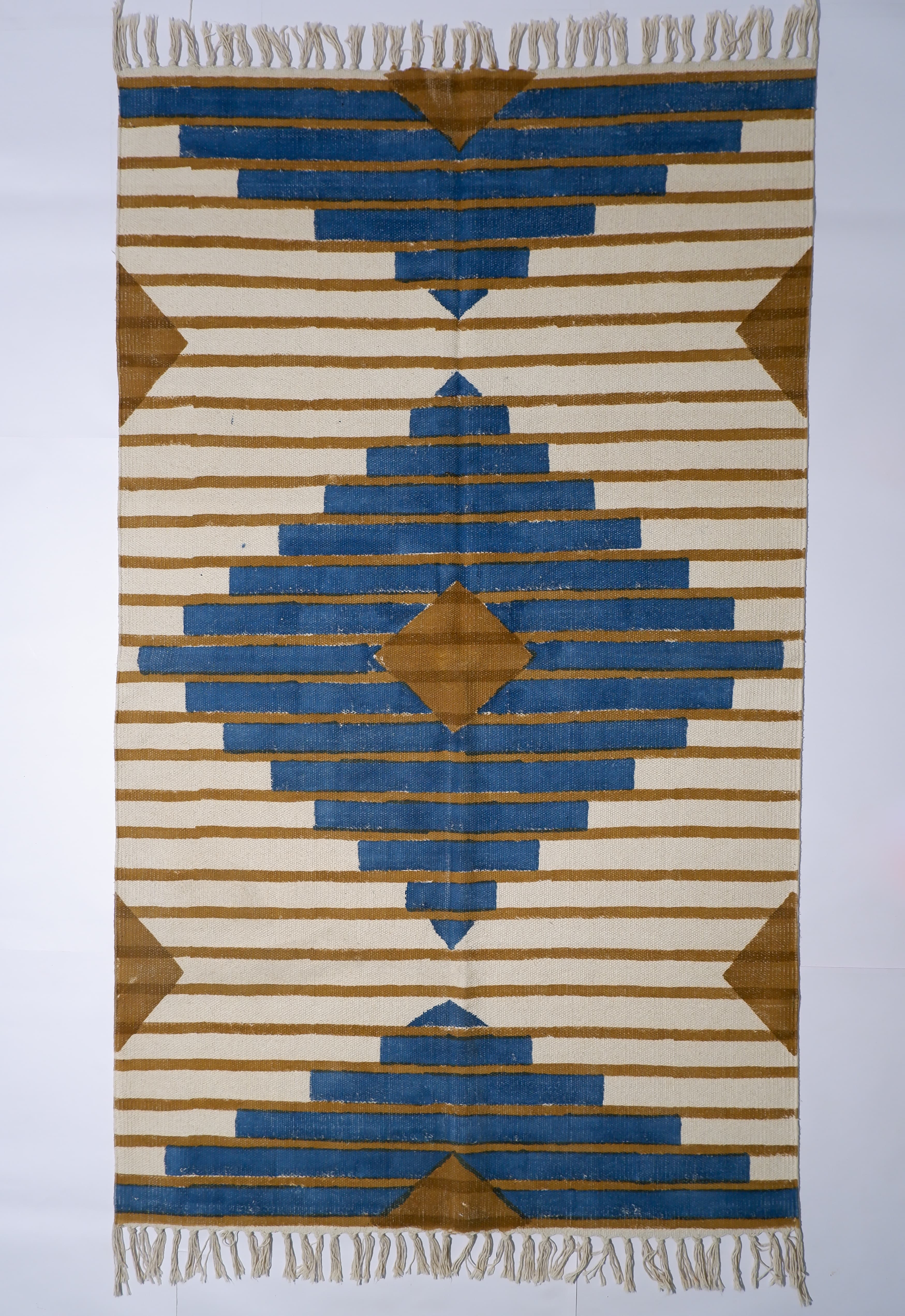 INDIAN DHURRIE GEOMETRIC STRIPES BLOCK PRINTED COTTON RUG