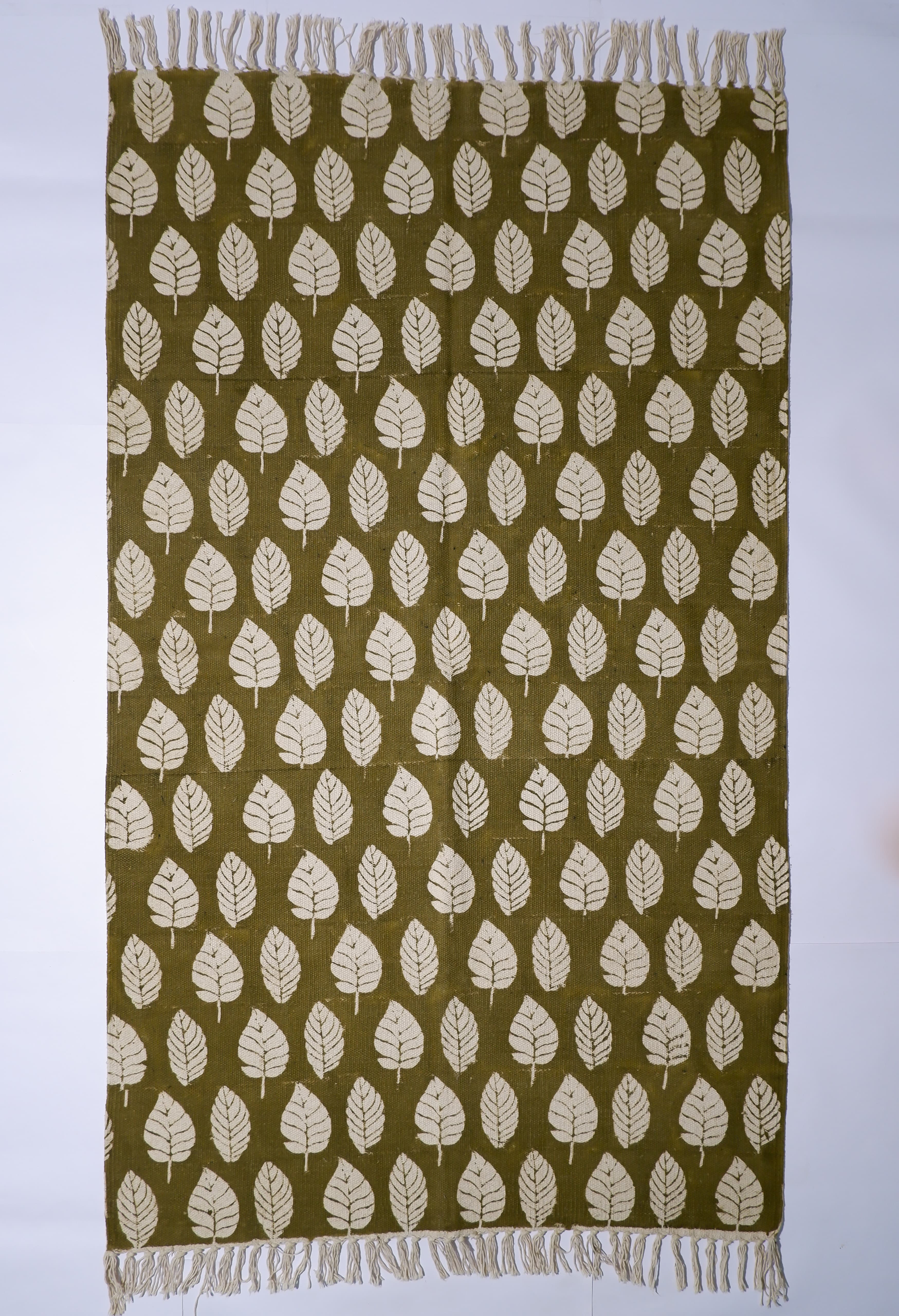 INDIAN DHURRIE GREEN LEAF BLOCK PRINTED COTTON RUG