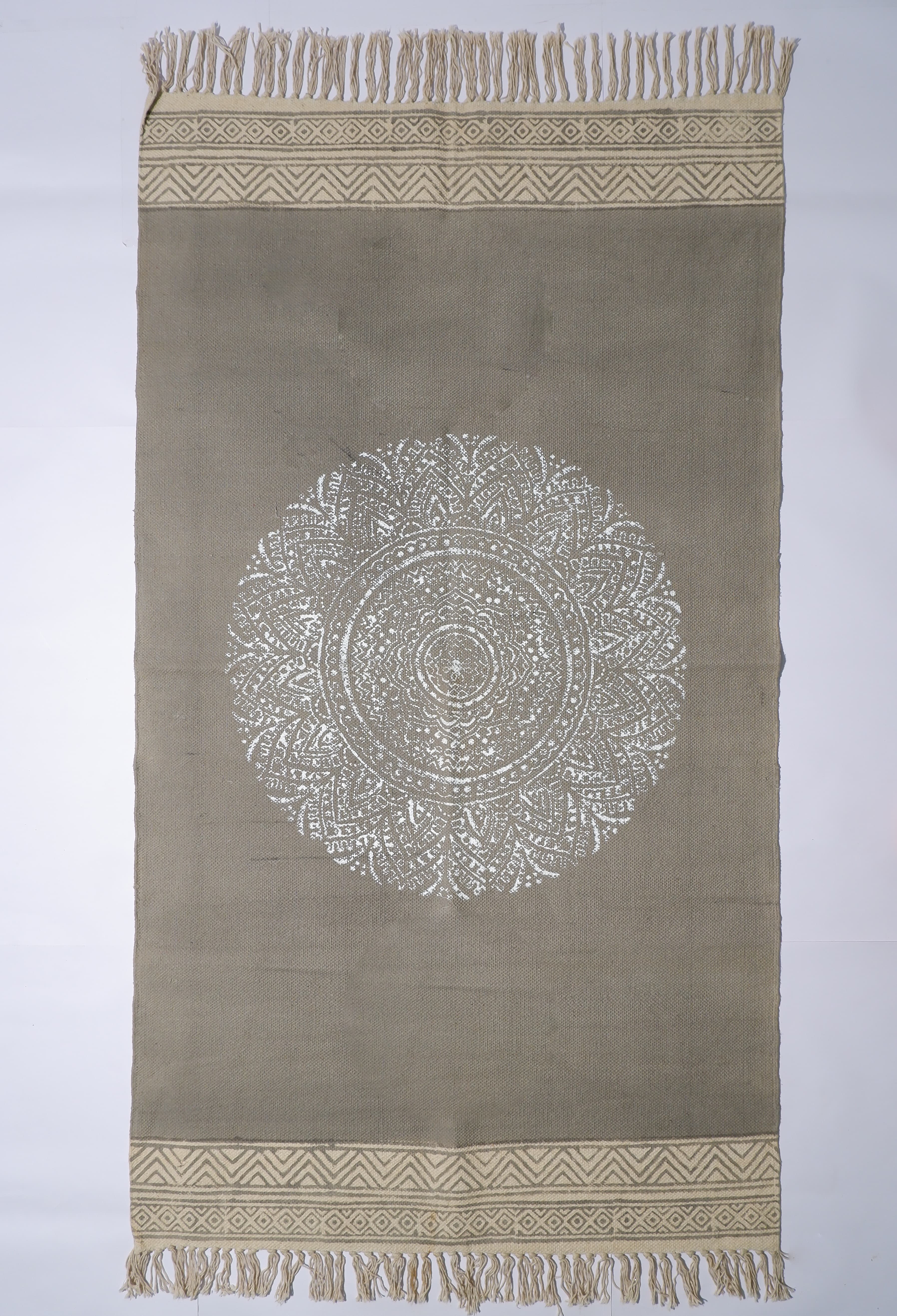 INDIAN DHURRIE GREY MANDALA BLOCK PRINTED COTTON RUG