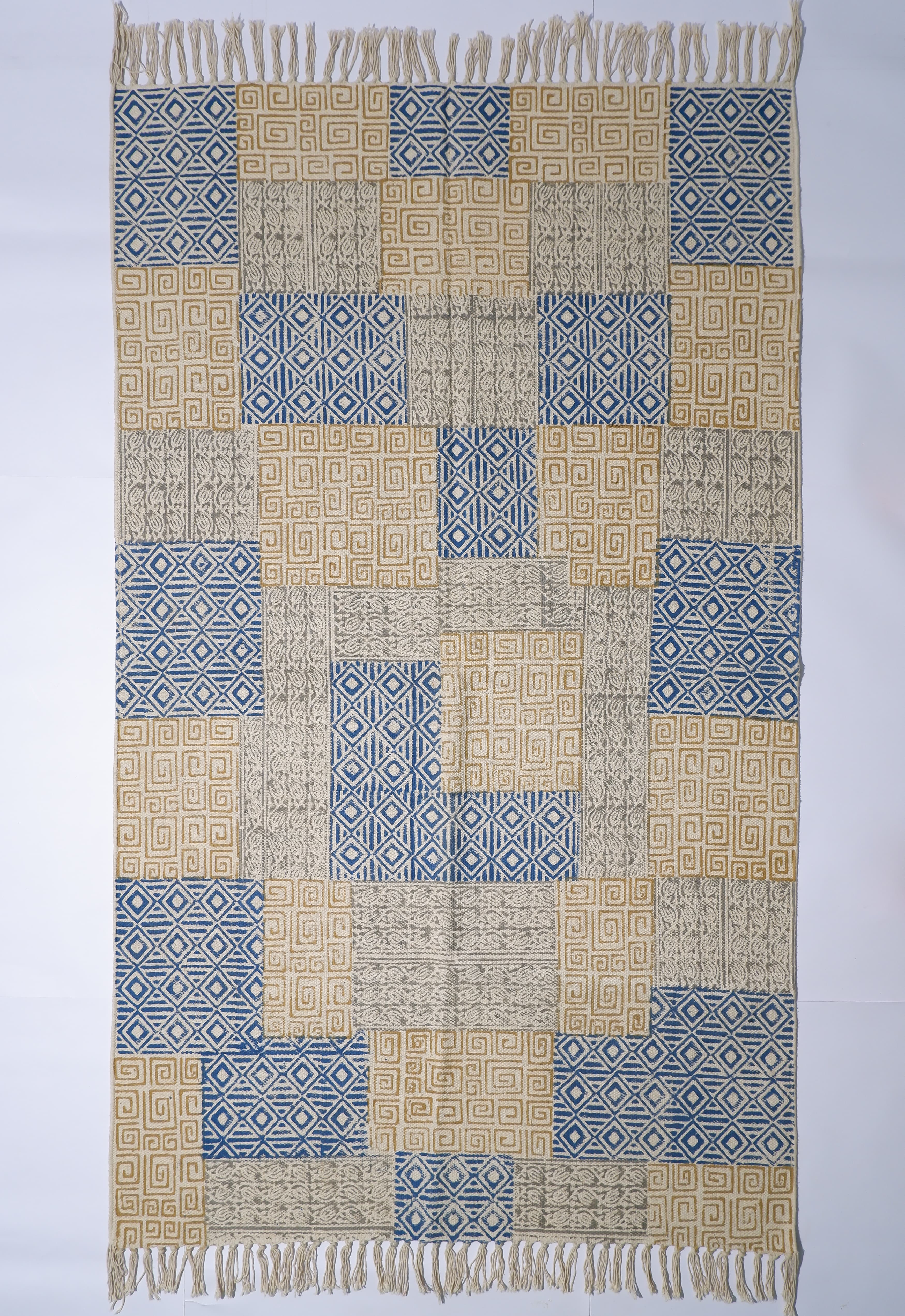 INDIAN DHURRIE PATCHWORK DESIGN BLOCK PRINTED COTTON RUG