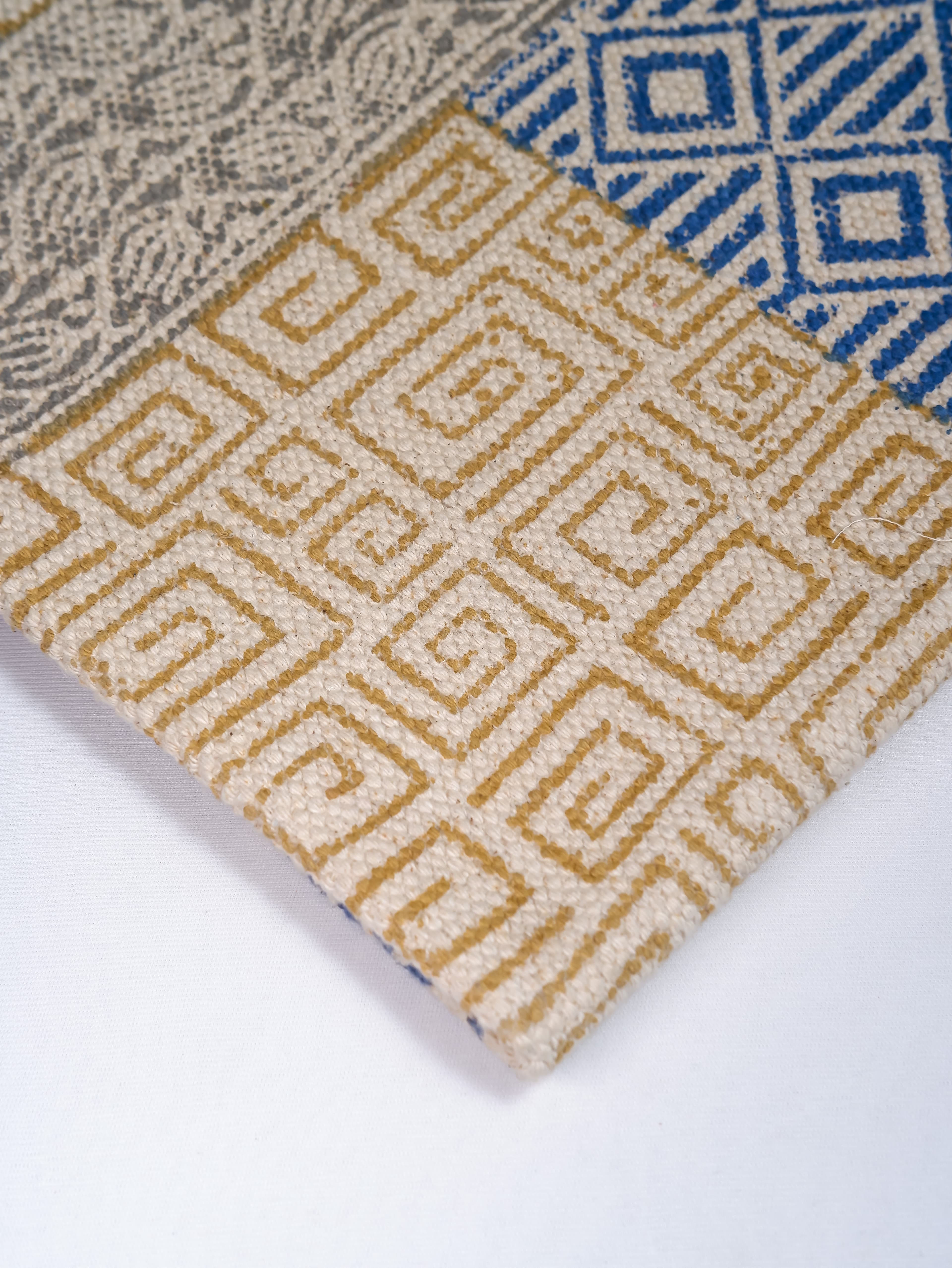 INDIAN DHURRIE PATCHWORK DESIGN BLOCK PRINTED COTTON RUG