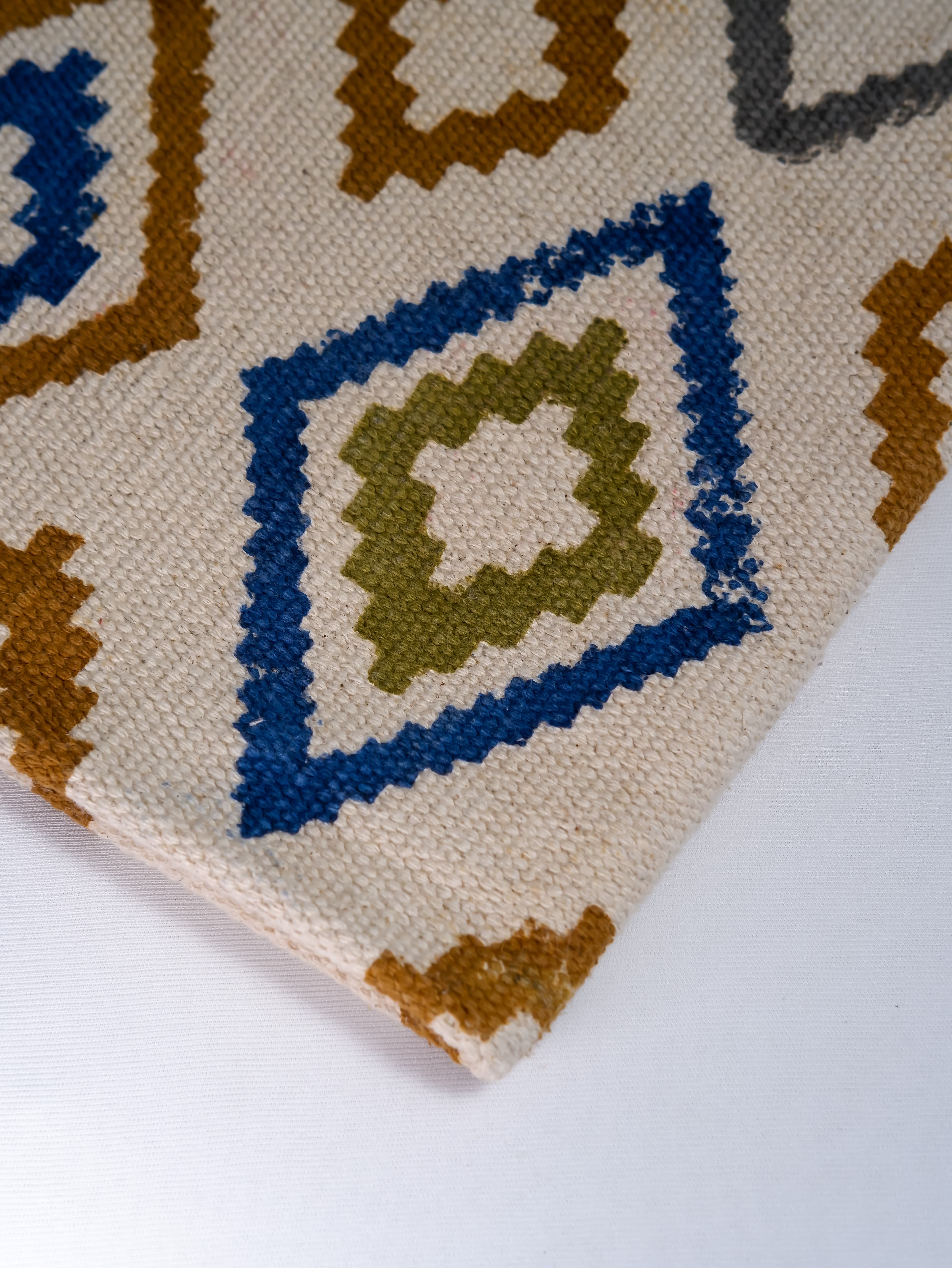 INDIAN DHURRIE  MULTI DIAMOND AND ZIG ZAG STRIPES BLOCK PRINTED COTTON RUG