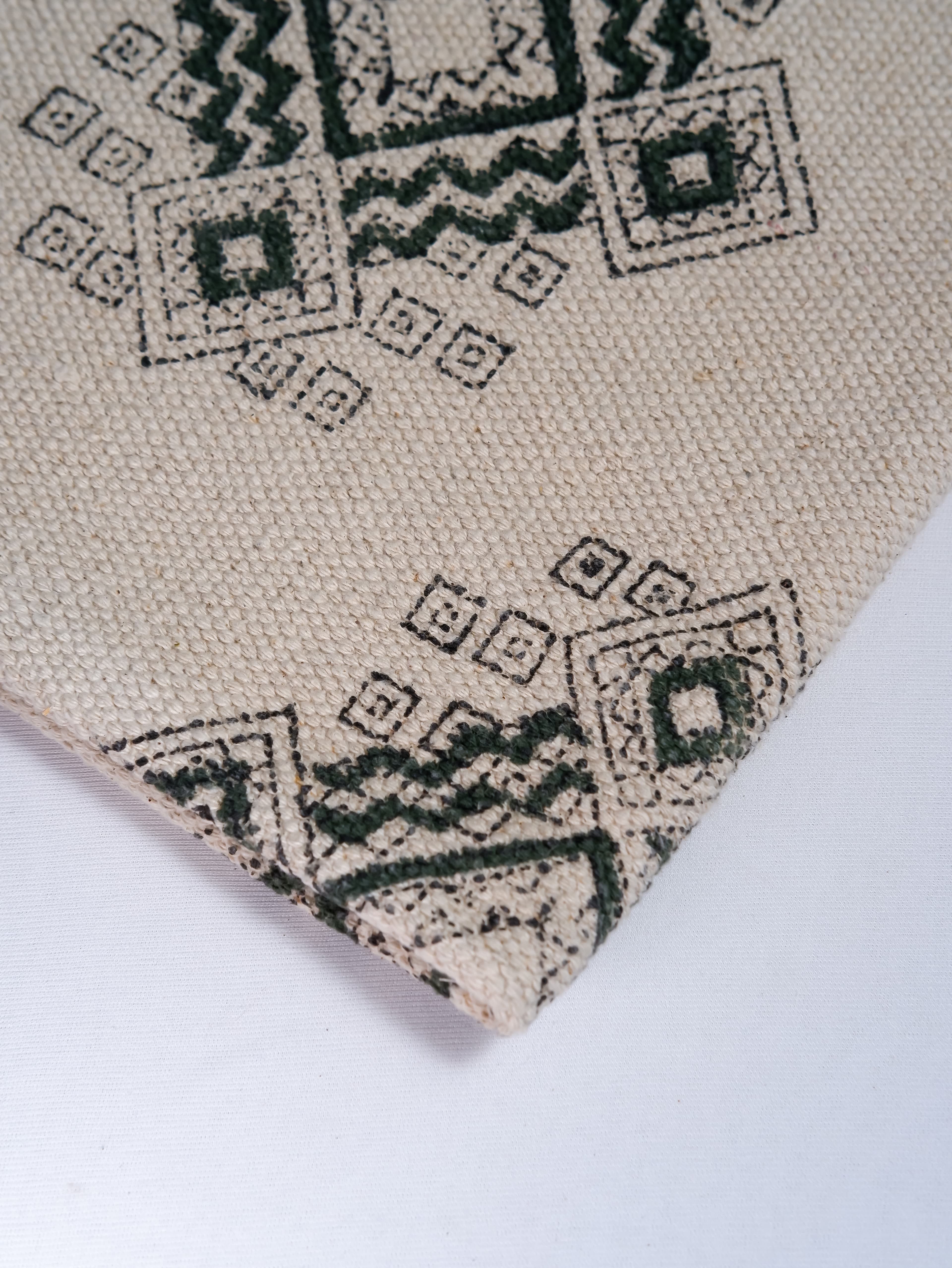 INDIAN DHURRIE BLACK  BLOCK PRINTED COTTON RUG