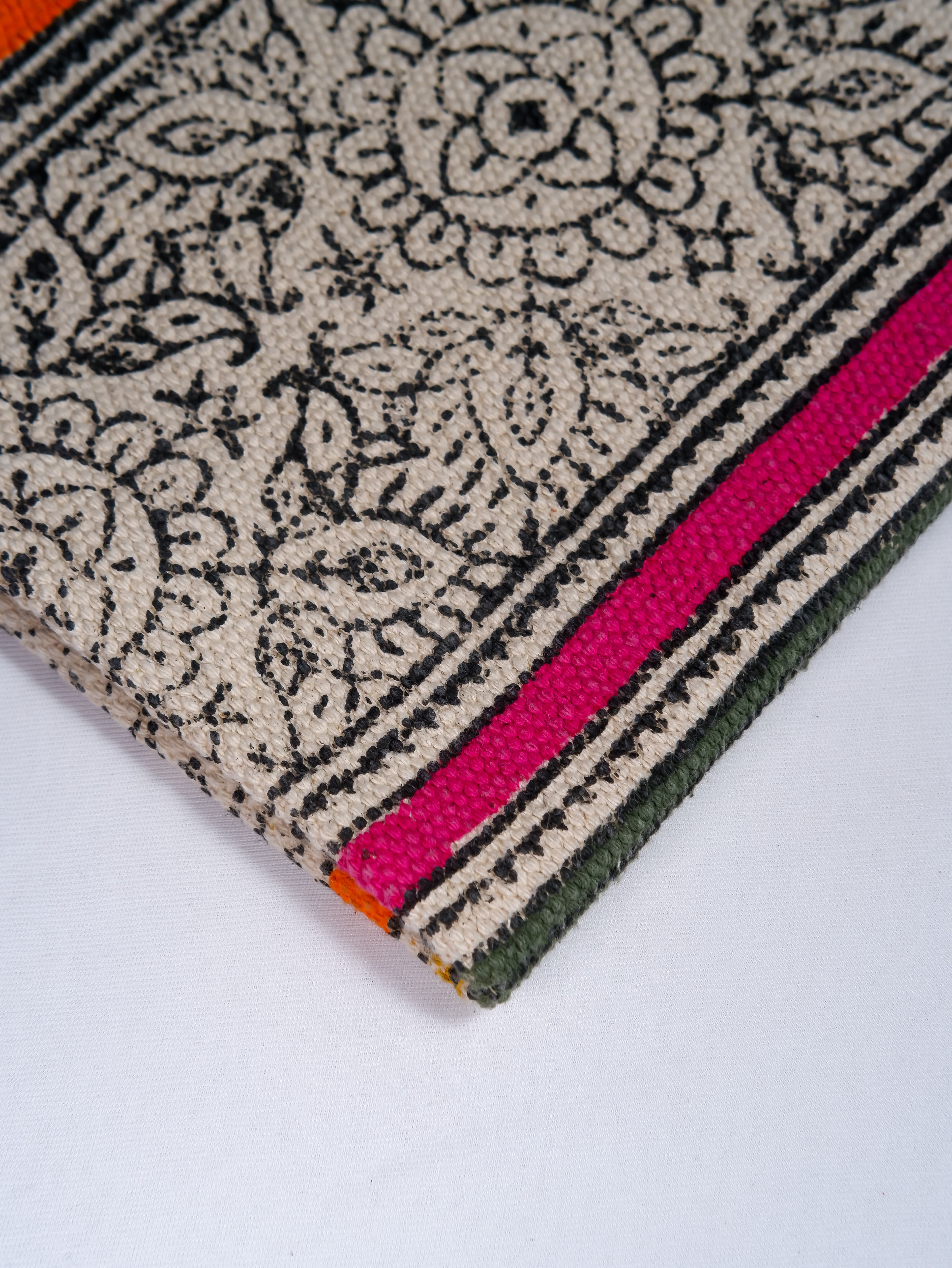 INDIAN DHURRIE MULTI STRIPES AND TRADITIONAL BLOCK PRINTED COTTON RUG