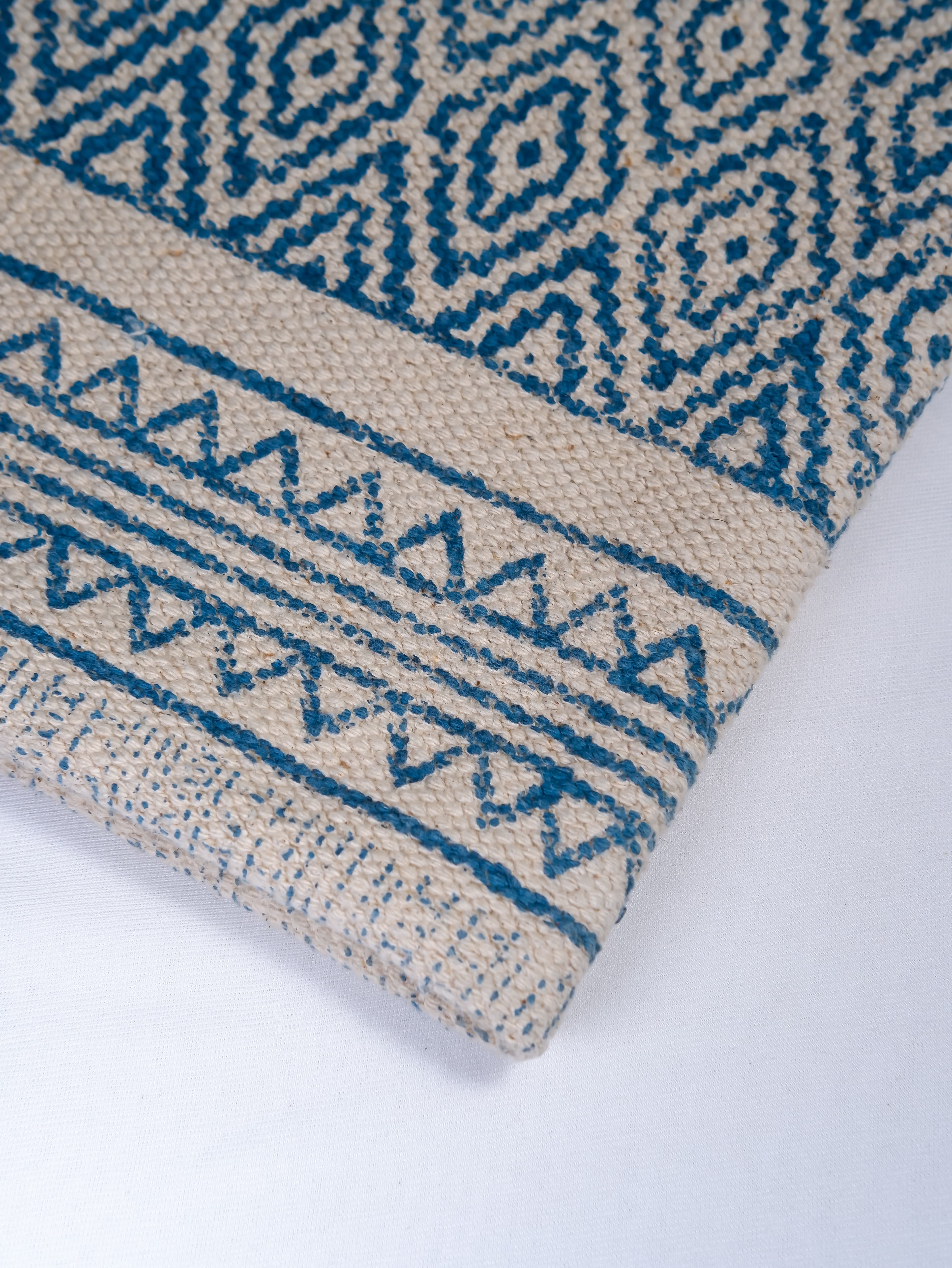 INDIAN DHURRIE BLUE STRIPES AND DIAMOND BLOCK PRINTED COTTON RUG