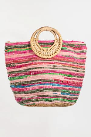 STRIPED BRAIDED STRAW TOTE
