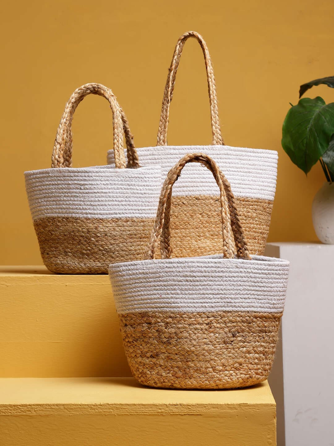 CONCEPTS SET OF 3 BEIGE STRIPED BRAIDED JUTE HANDBAG