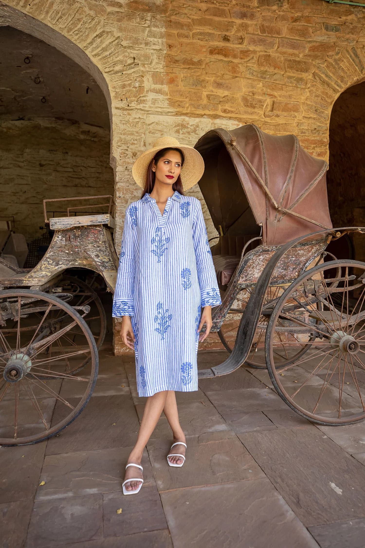 Hand Printed Stripe Linen Tunic Dress - Blue and White