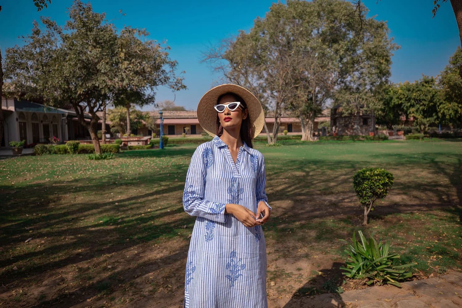 Hand Printed Stripe Linen Tunic Dress - Blue and White