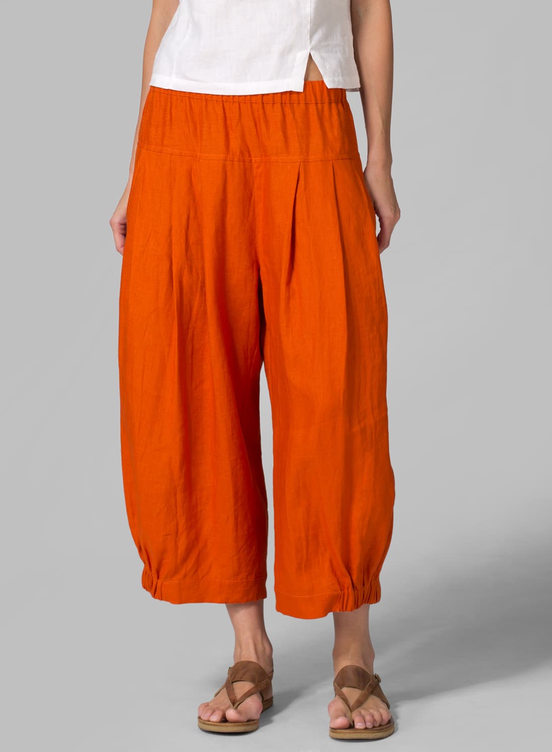 ORANGE LINEN CRUMPLE EFFECT HAREM PANTS