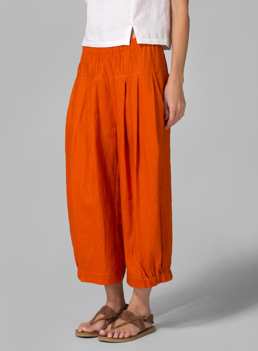 ORANGE LINEN CRUMPLE EFFECT HAREM PANTS
