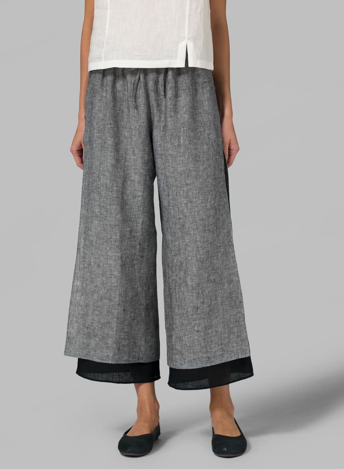LINEN DOUBLE LAYER CROPPED PANTS WITH SEA SHELL BUTTON