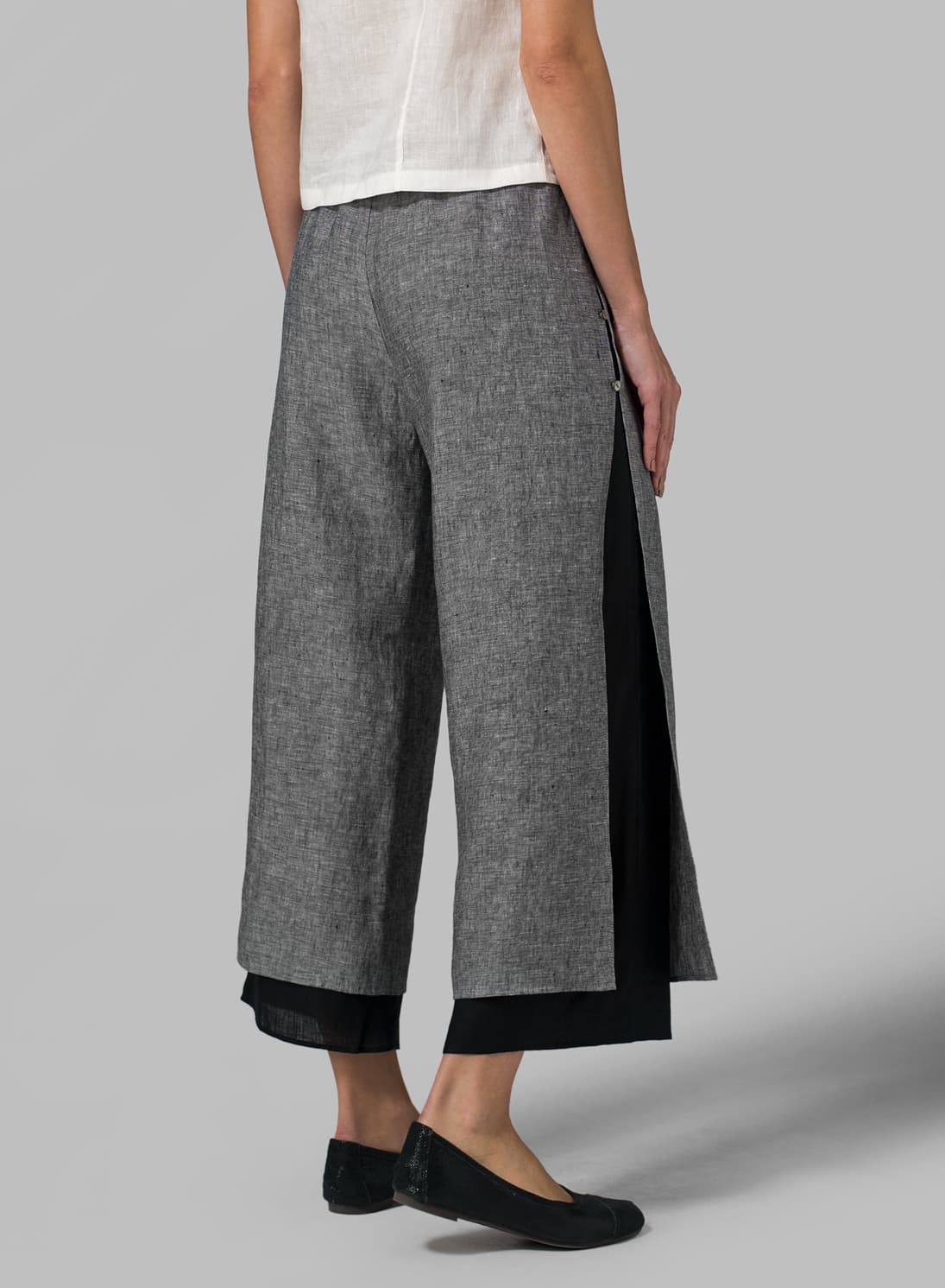 LINEN DOUBLE LAYER CROPPED PANTS WITH SEA SHELL BUTTON