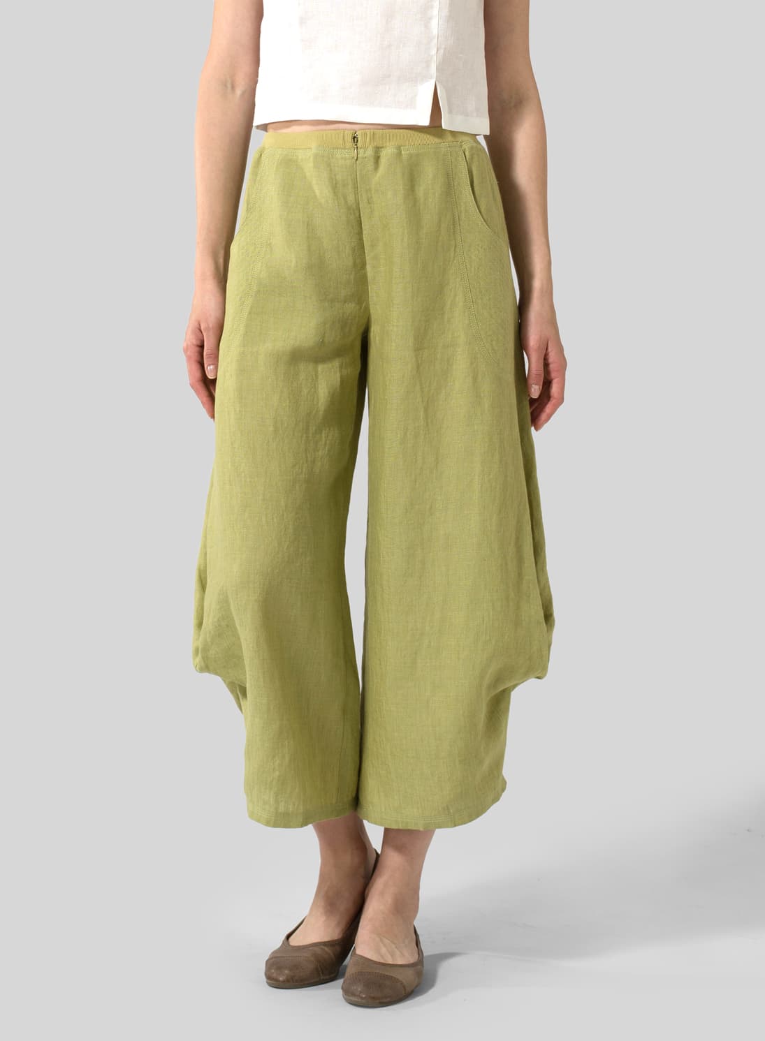 OLIVE YELLOW LINEN FLARED LEG CROP PANTS