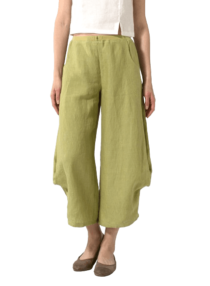OLIVE YELLOW LINEN FLARED LEG CROP PANTS