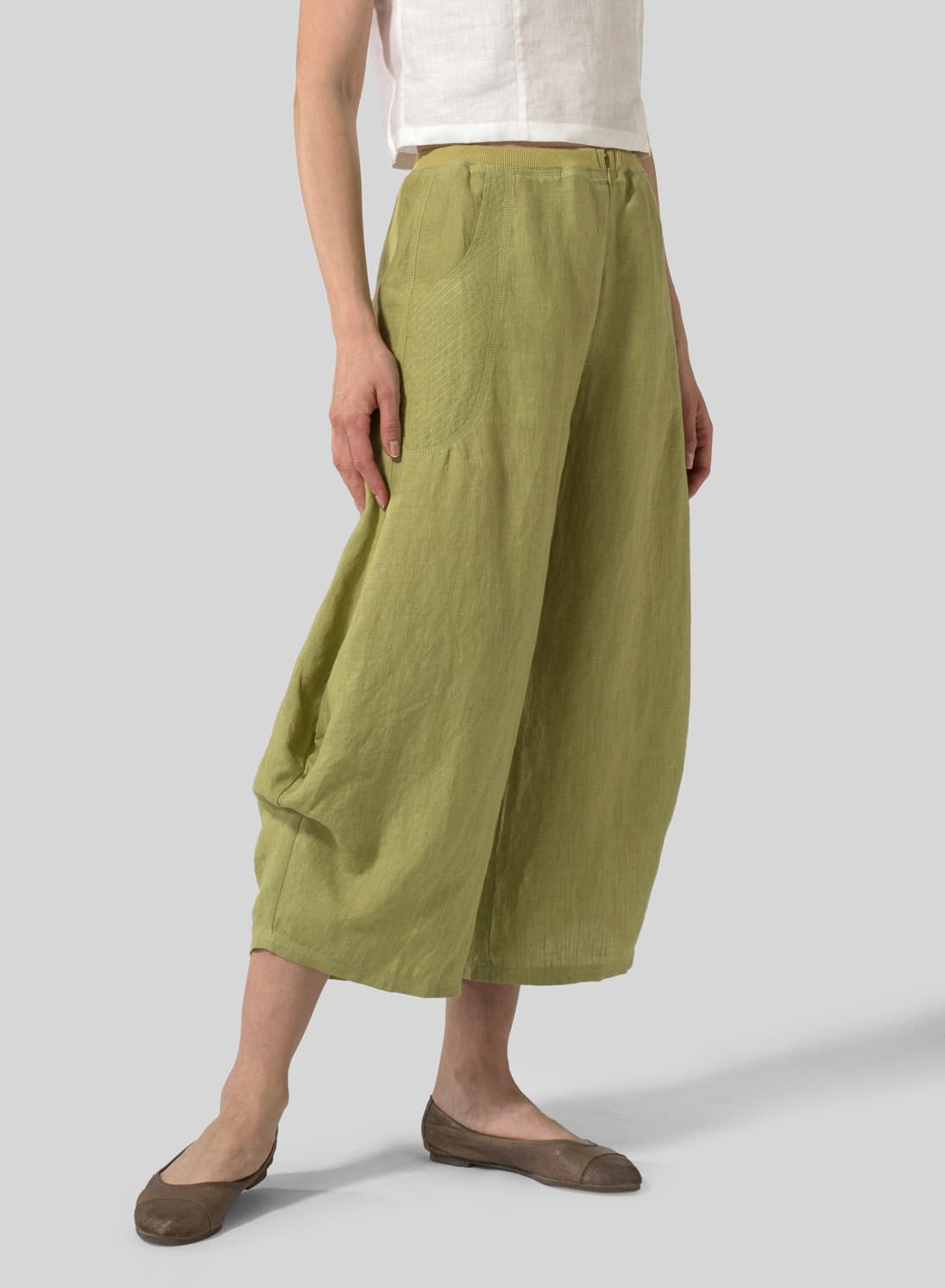 OLIVE YELLOW LINEN FLARED LEG CROP PANTS