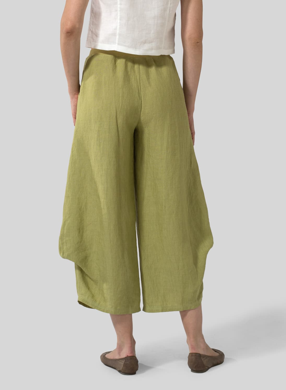 OLIVE YELLOW LINEN FLARED LEG CROP PANTS
