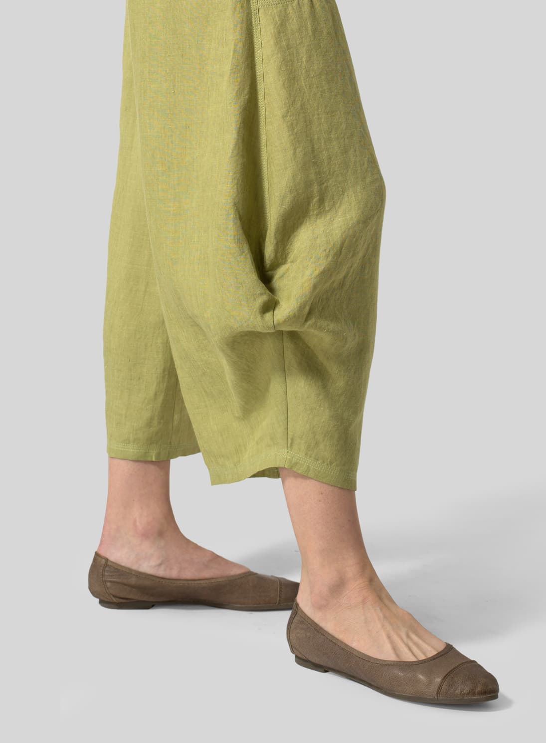 OLIVE YELLOW LINEN FLARED LEG CROP PANTS