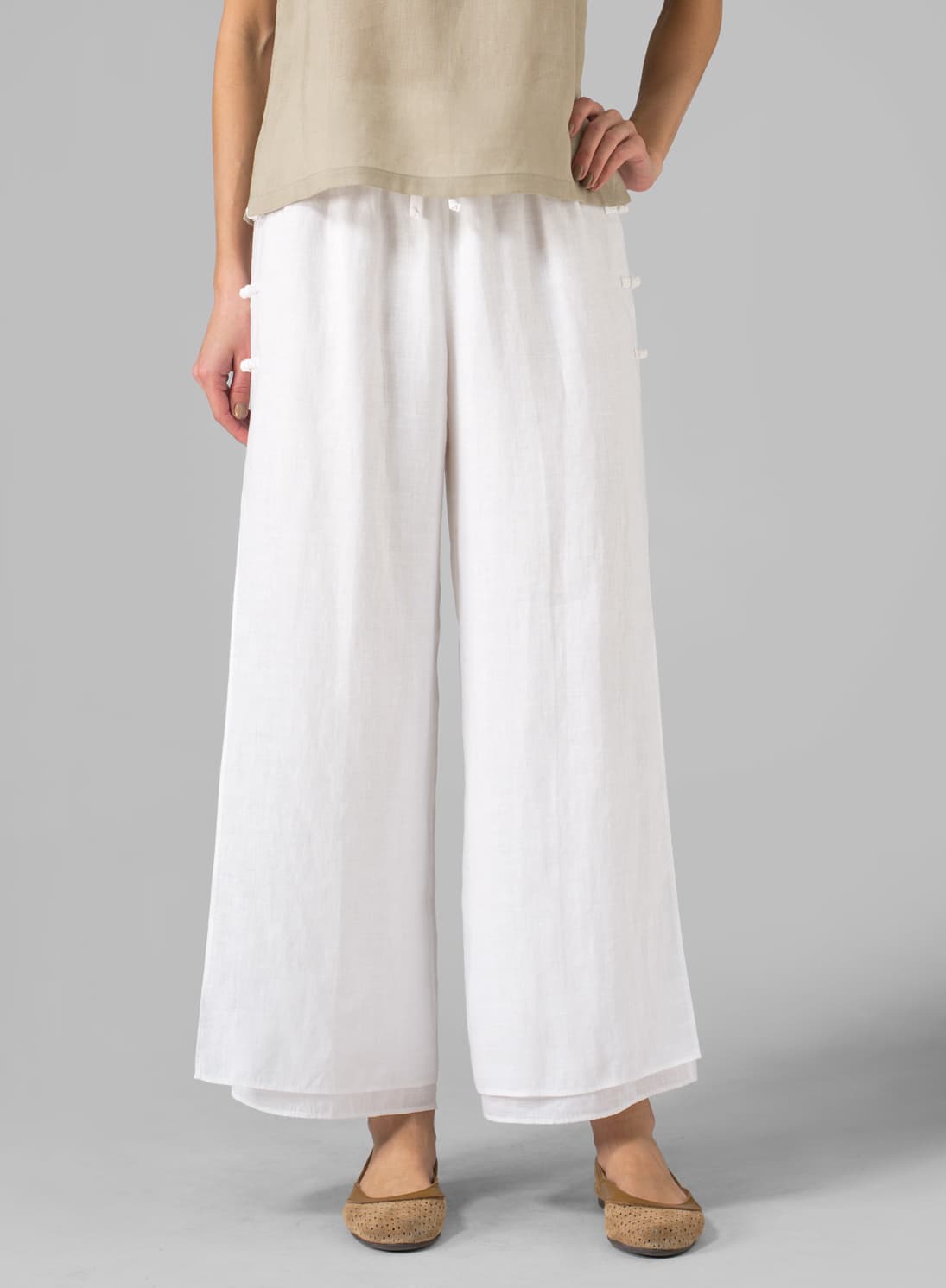 SOFT WHITE LINEN DOUBLE LAYER PANTS WITH SEA SHELL BUTTON