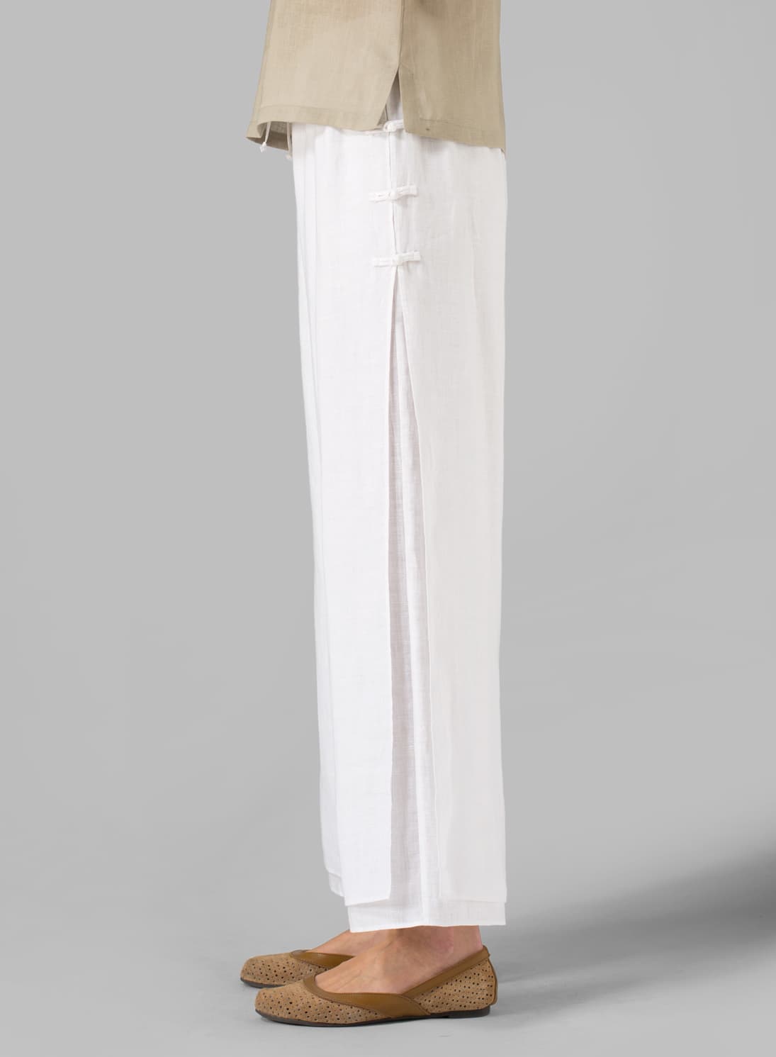 SOFT WHITE LINEN DOUBLE LAYER PANTS WITH SEA SHELL BUTTON