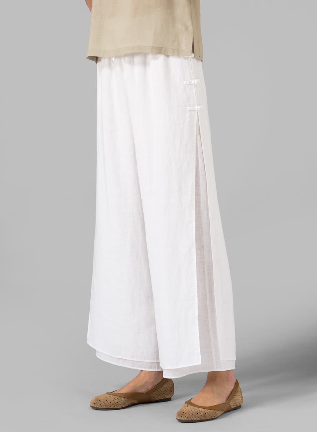 SOFT WHITE LINEN DOUBLE LAYER PANTS WITH SEA SHELL BUTTON
