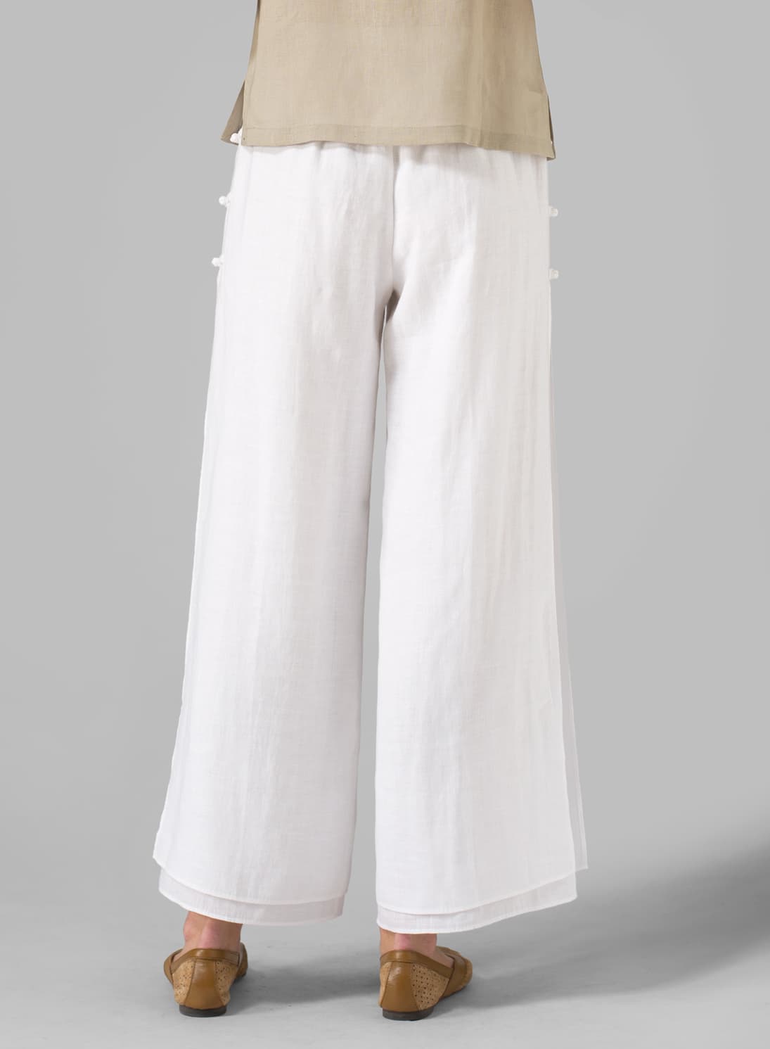 SOFT WHITE LINEN DOUBLE LAYER PANTS WITH SEA SHELL BUTTON