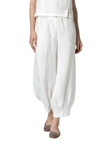 WHITE LINEN PLEATED CUFF ANKLE LENGTH PANTS