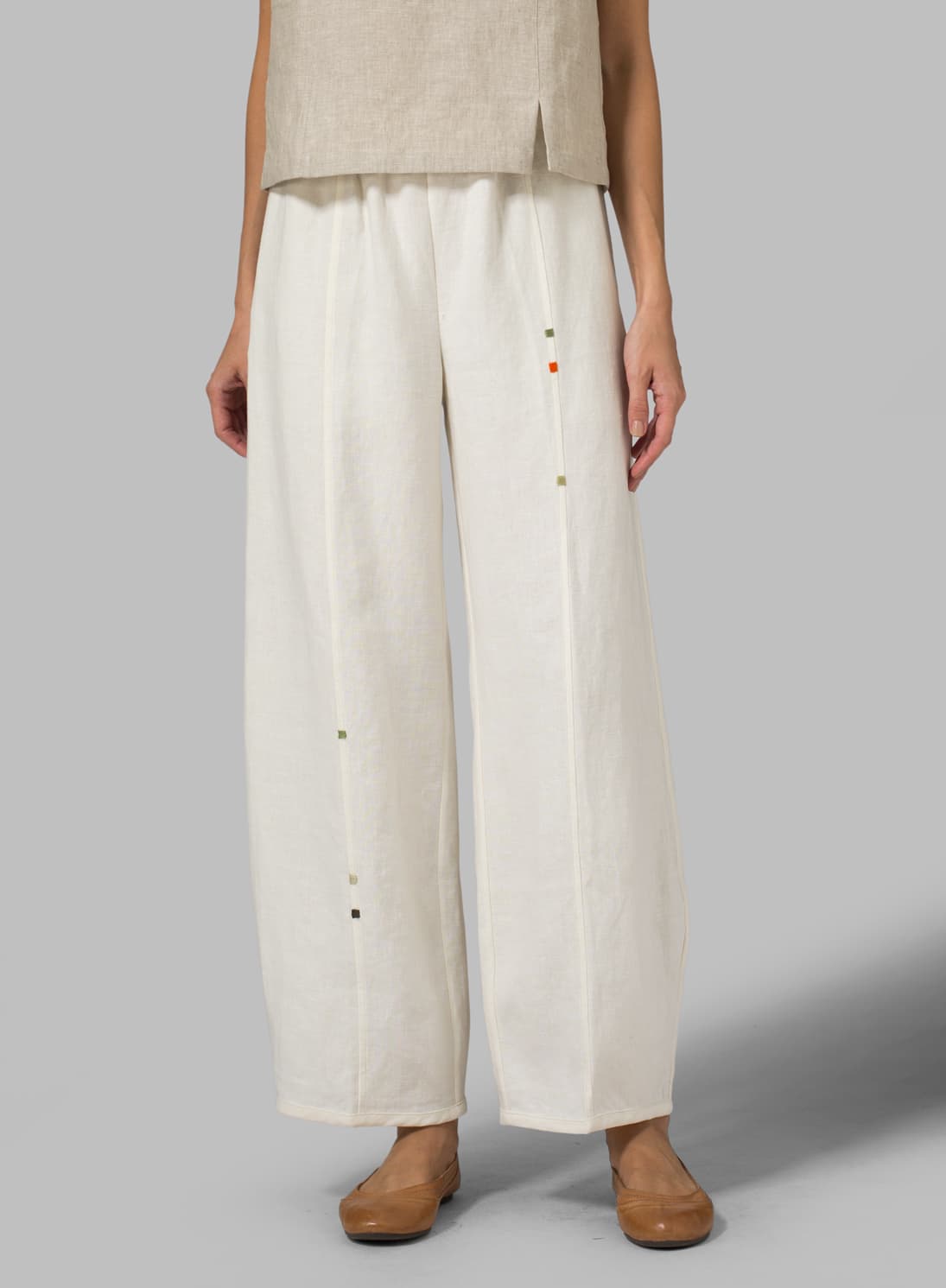 OFF WHITE LINEN EMBROIDERED ANKLE LENGTH PANTS