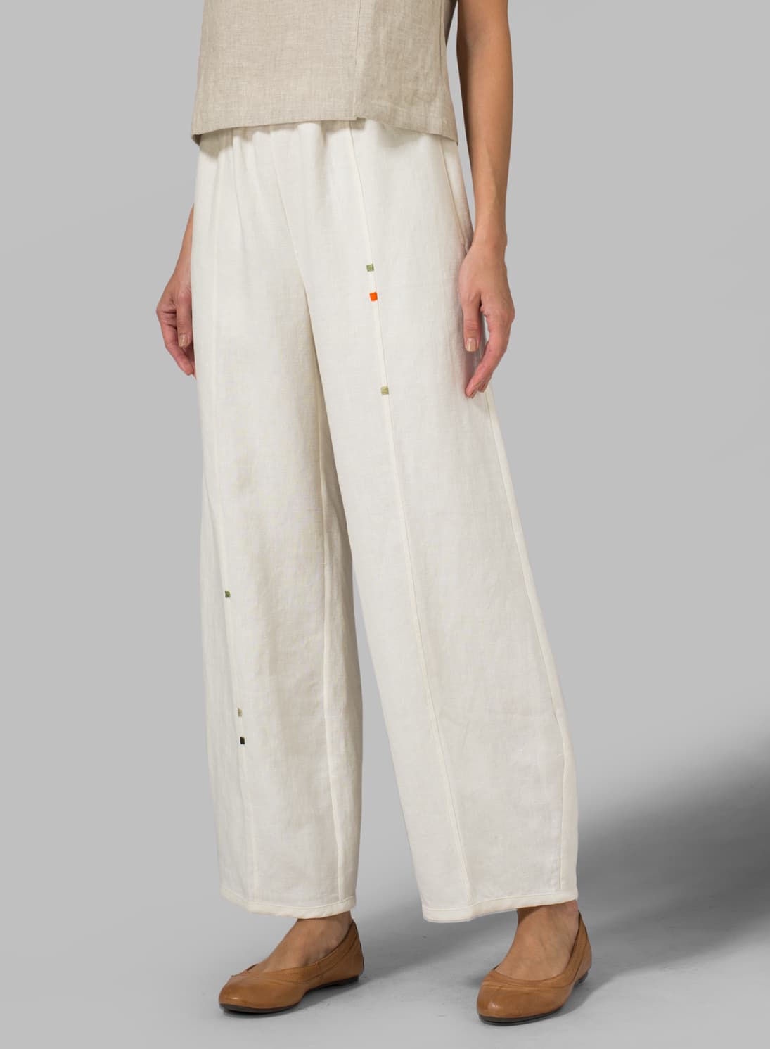 OFF WHITE LINEN EMBROIDERED ANKLE LENGTH PANTS
