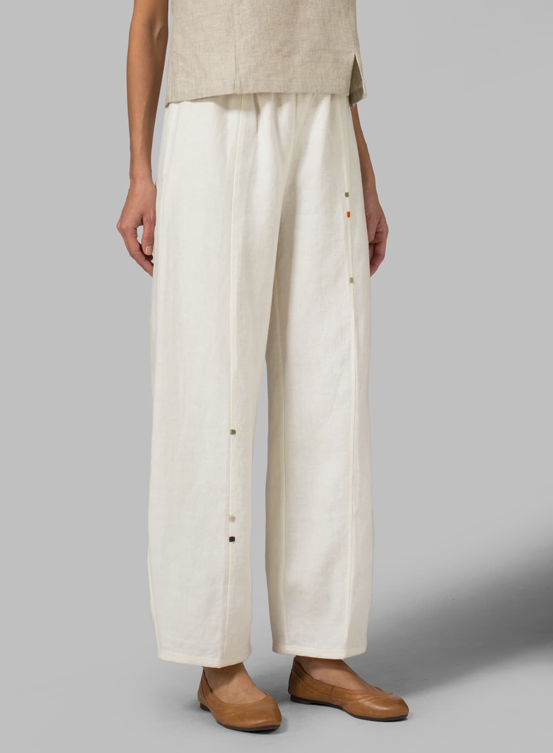 OFF WHITE LINEN EMBROIDERED ANKLE LENGTH PANTS