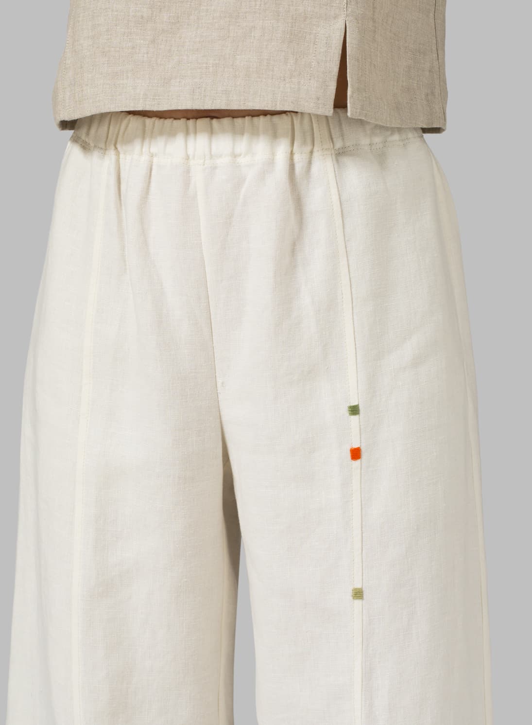 OFF WHITE LINEN EMBROIDERED ANKLE LENGTH PANTS