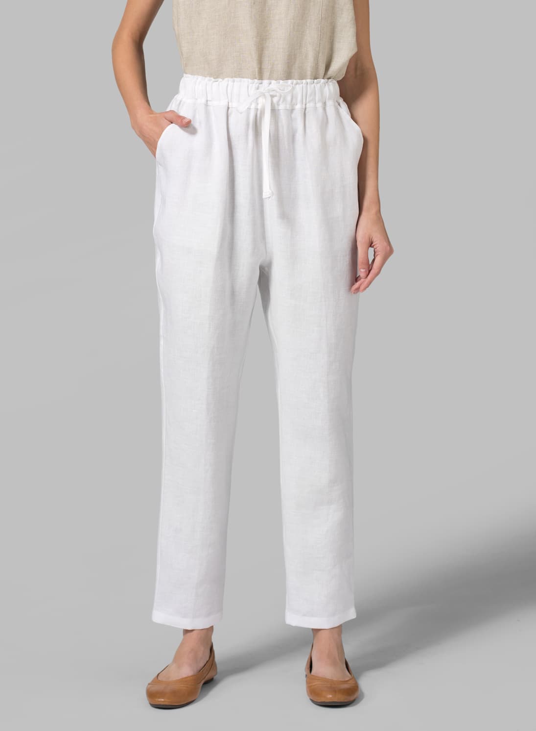 WHITE LINEN SLIM ANKLE LENGTH PANTS