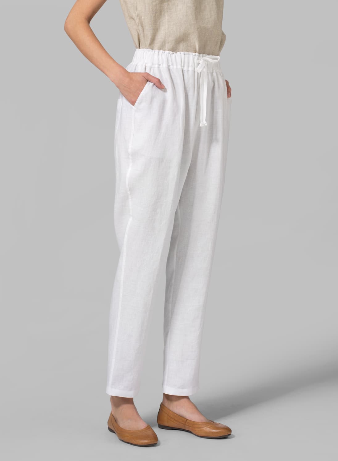 WHITE LINEN SLIM ANKLE LENGTH PANTS