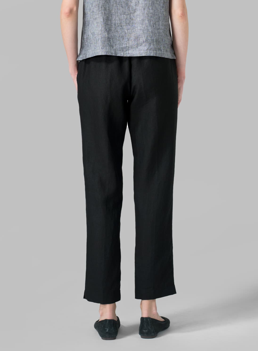 BLACK LINEN NARROW ANKLE LENGTH CROPPED PANTS