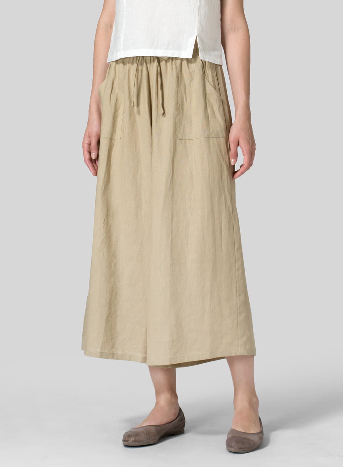 KHAKI BEIGE LINEN FULL ELASTIC WIDE LEG PANTS