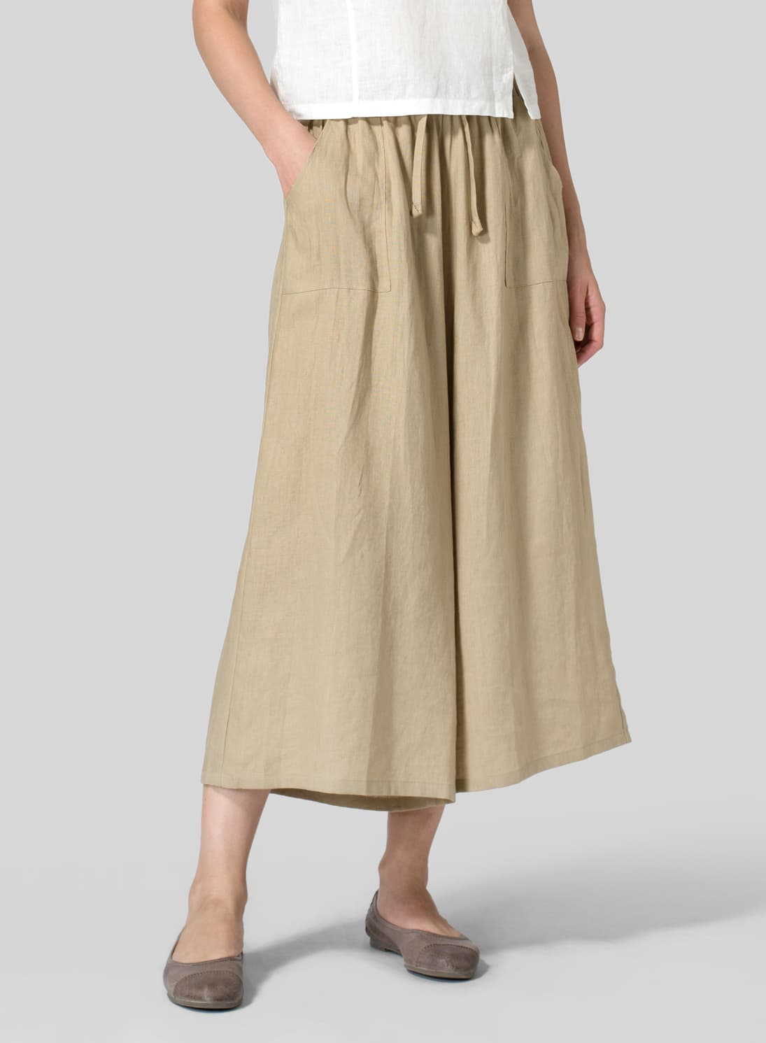 KHAKI BEIGE LINEN FULL ELASTIC WIDE LEG PANTS