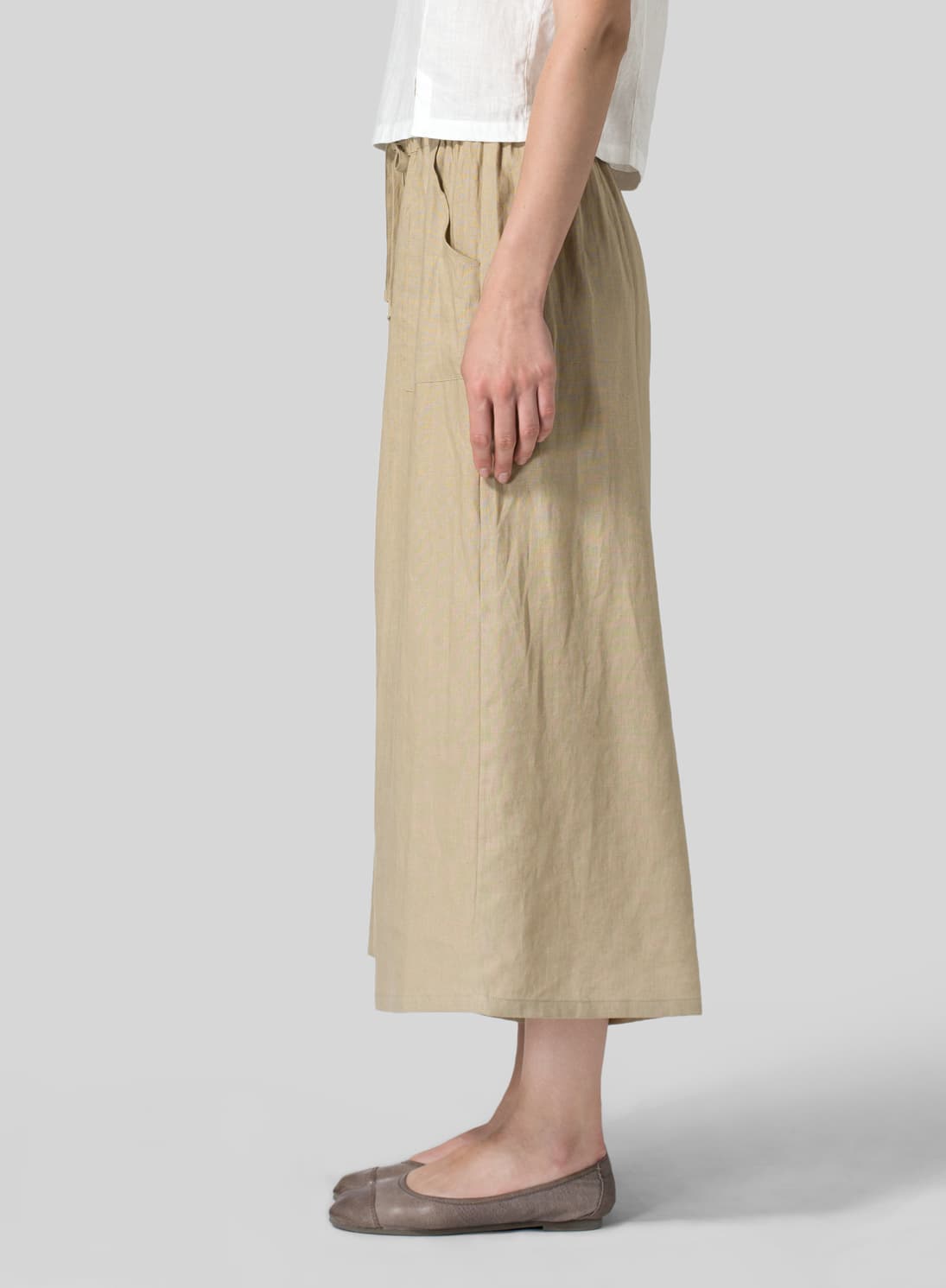 KHAKI BEIGE LINEN FULL ELASTIC WIDE LEG PANTS