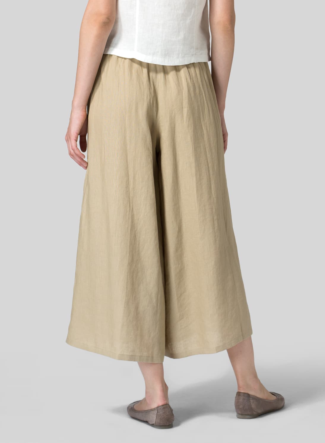 KHAKI BEIGE LINEN FULL ELASTIC WIDE LEG PANTS